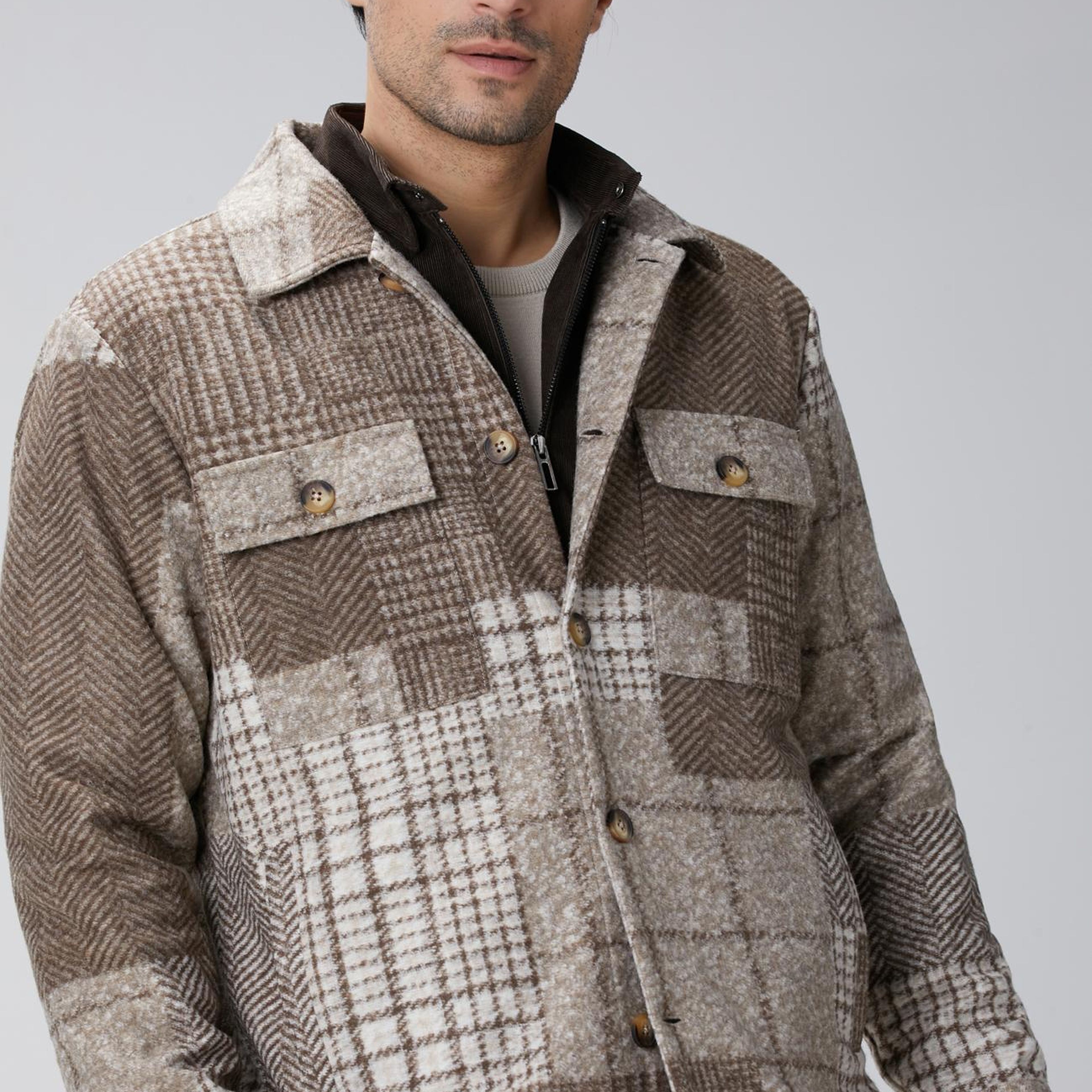 Network Erkek Bej Desenli Yün Karışımlı Dış Gömlek