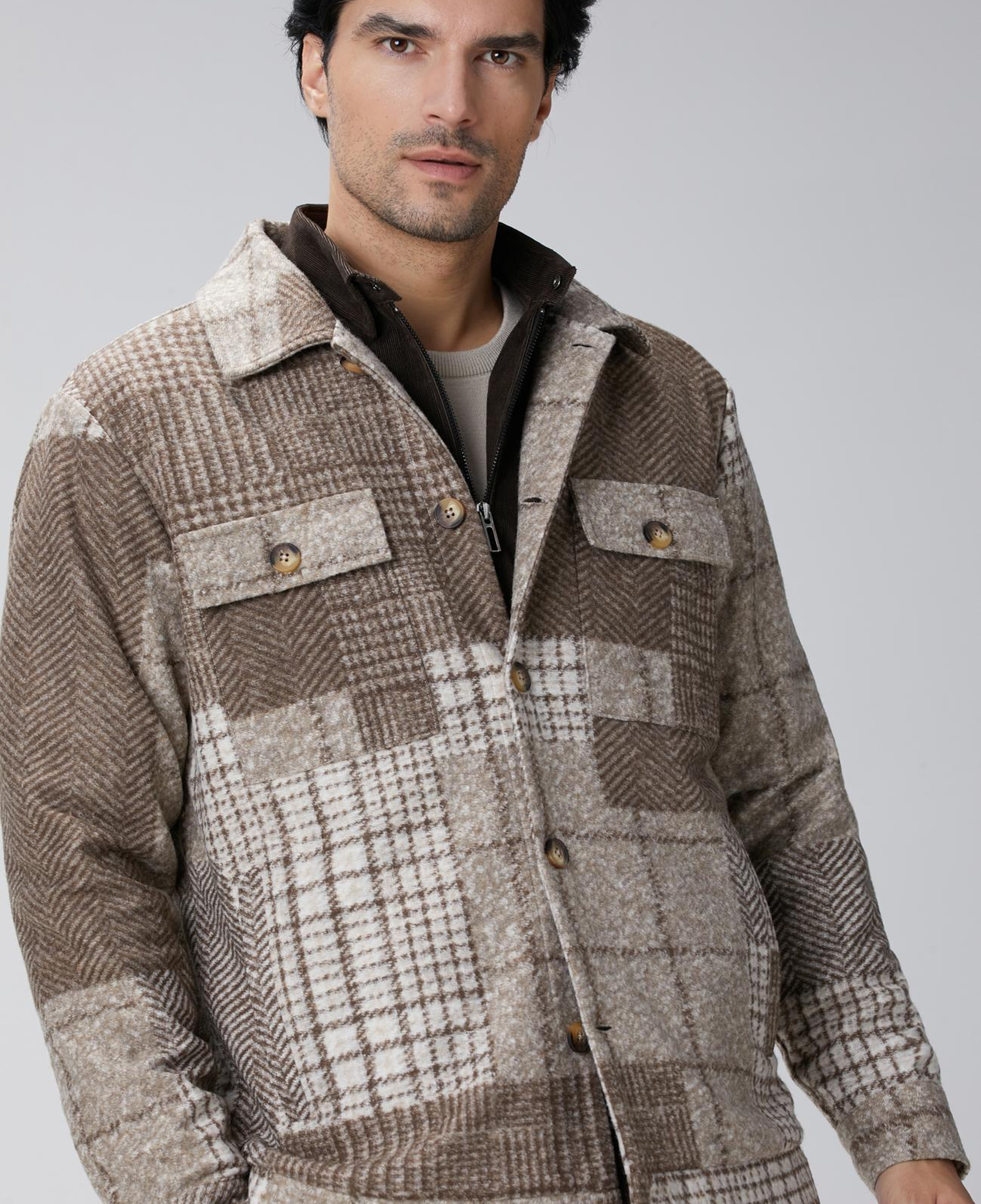 Network Erkek Bej Desenli Yün Karışımlı Dış Gömlek