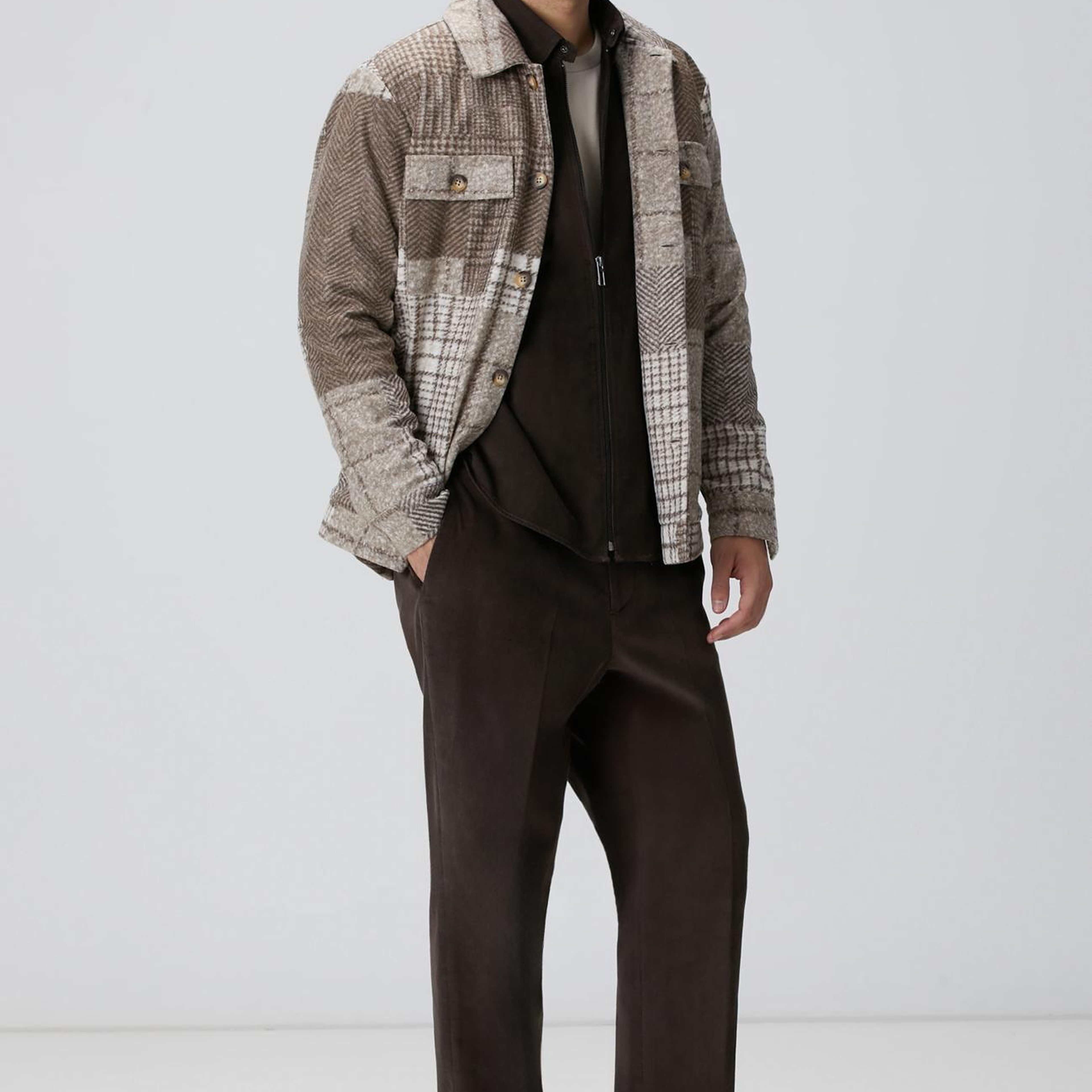 Network Erkek Bej Desenli Yün Karışımlı Dış Gömlek