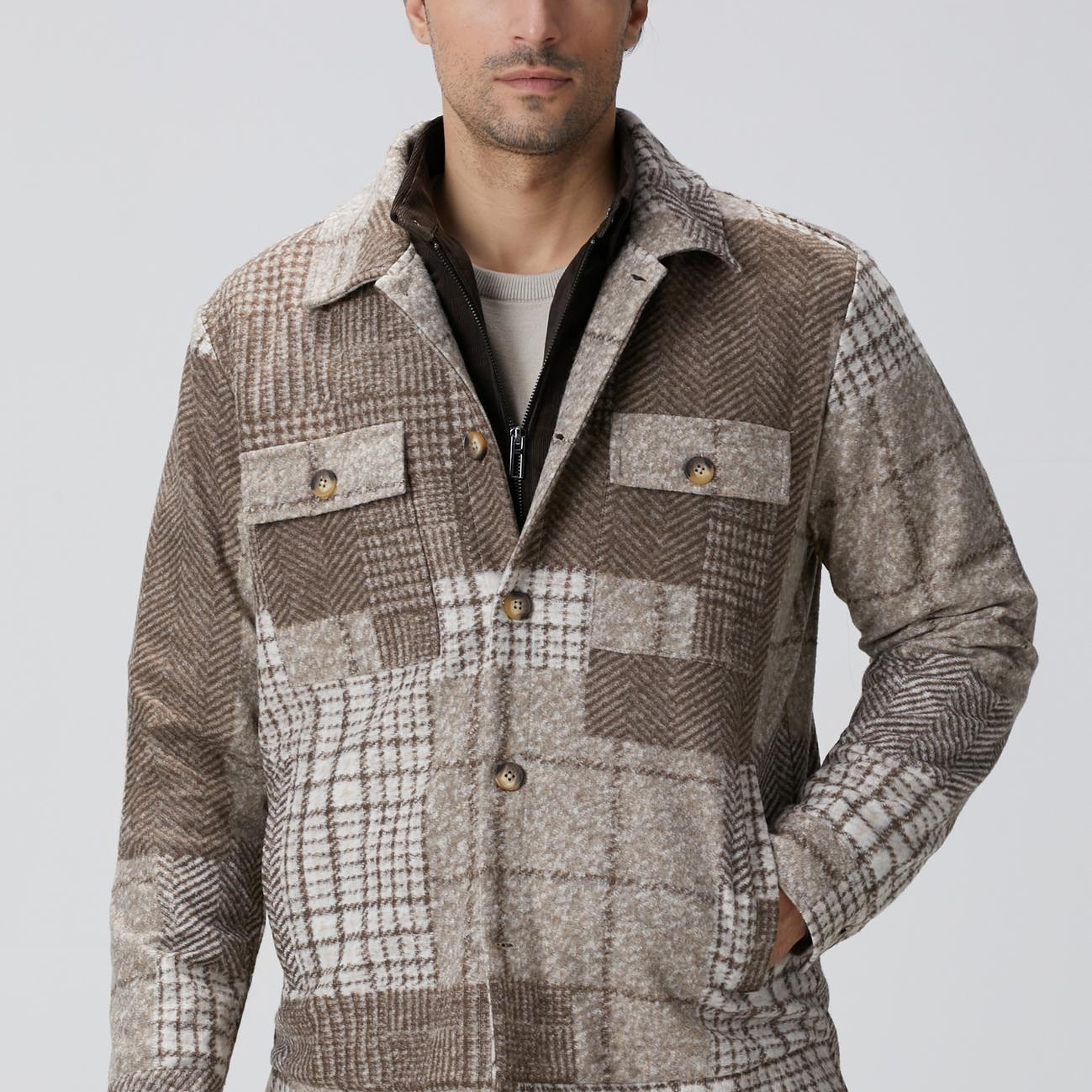 Network Erkek Bej Desenli Yün Karışımlı Dış Gömlek