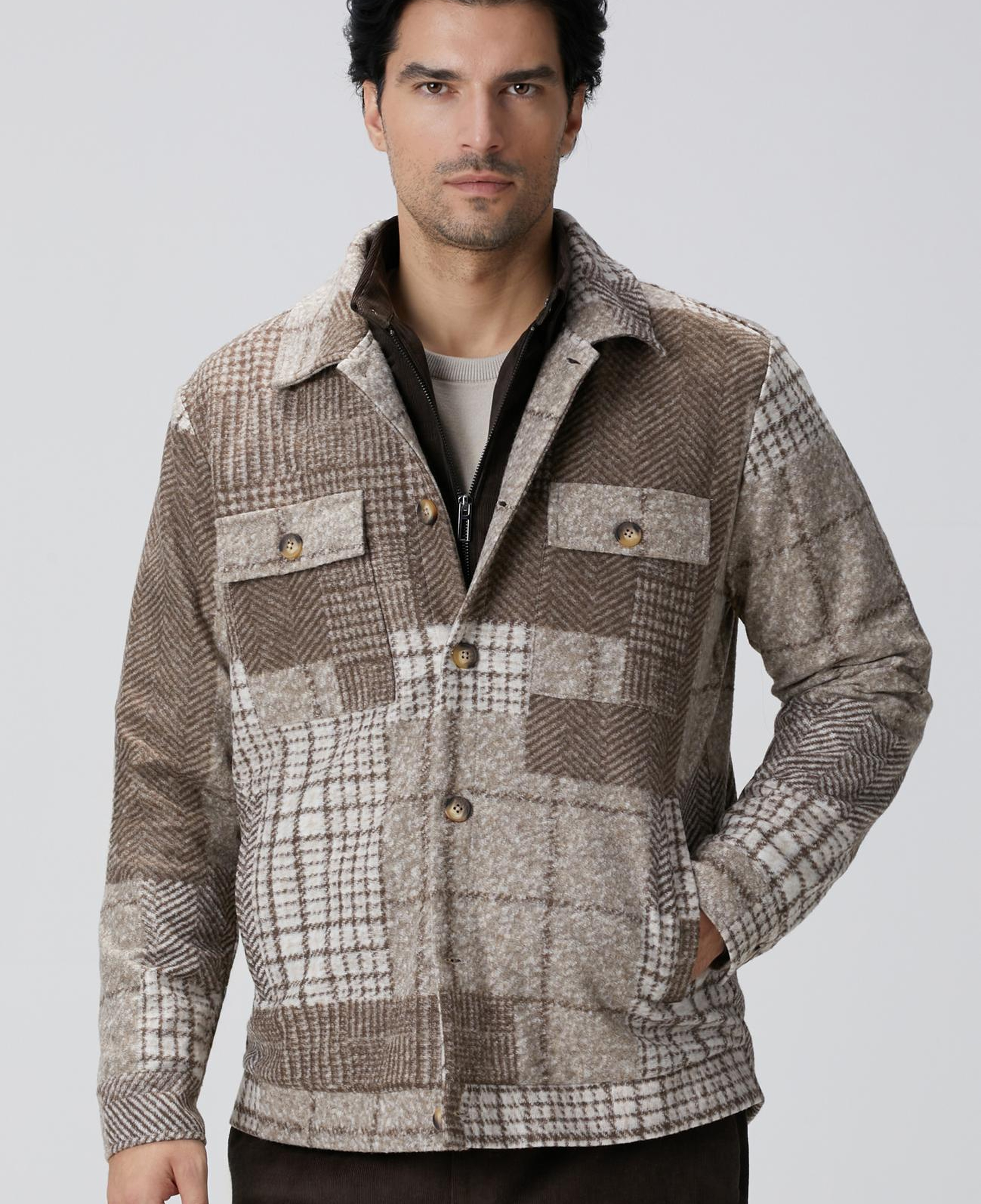 Network Erkek Bej Desenli Yün Karışımlı Dış Gömlek