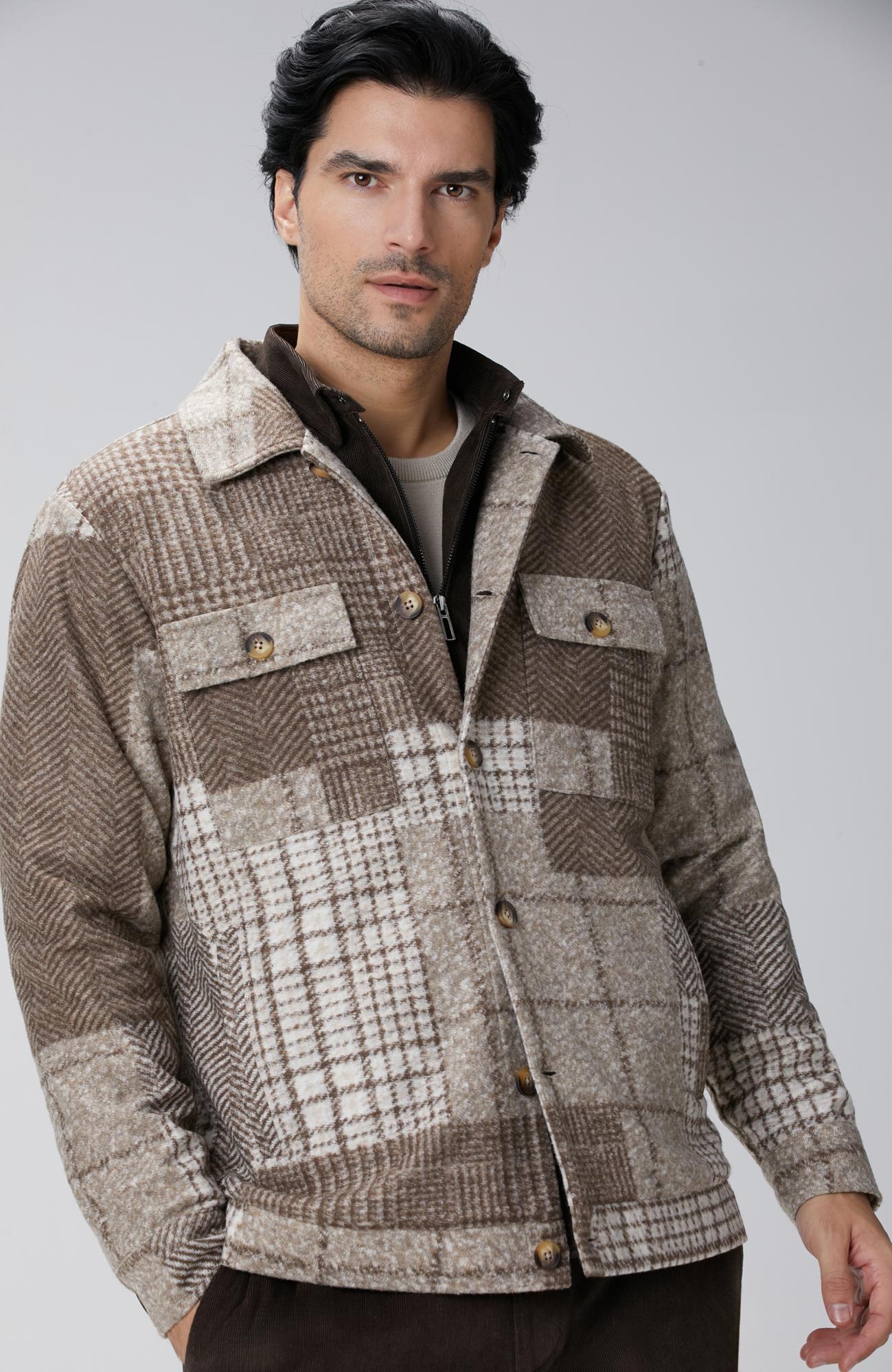 Network Erkek Bej Desenli Yün Karışımlı Dış Gömlek
