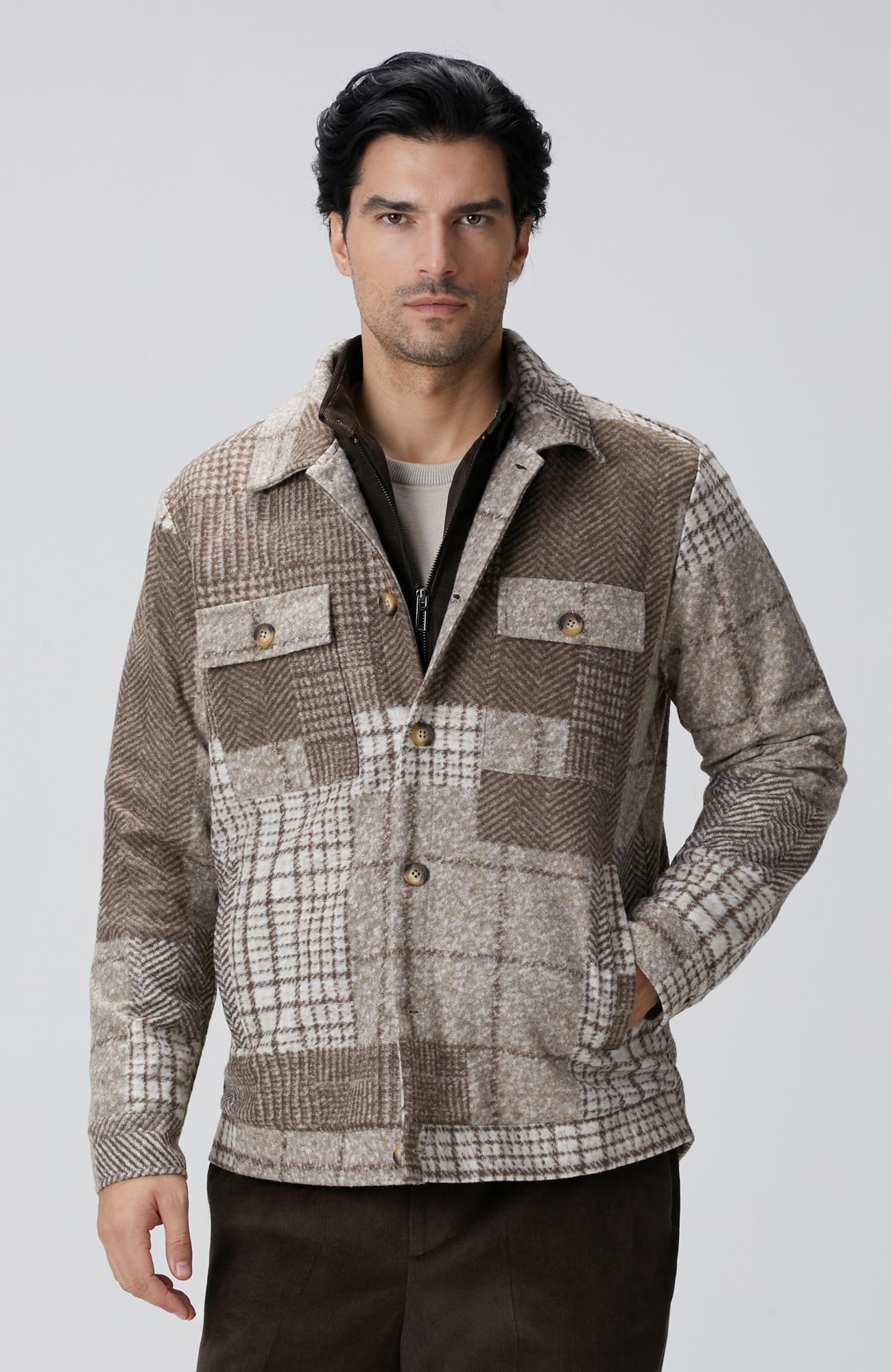 Network Erkek Bej Desenli Yün Karışımlı Dış Gömlek