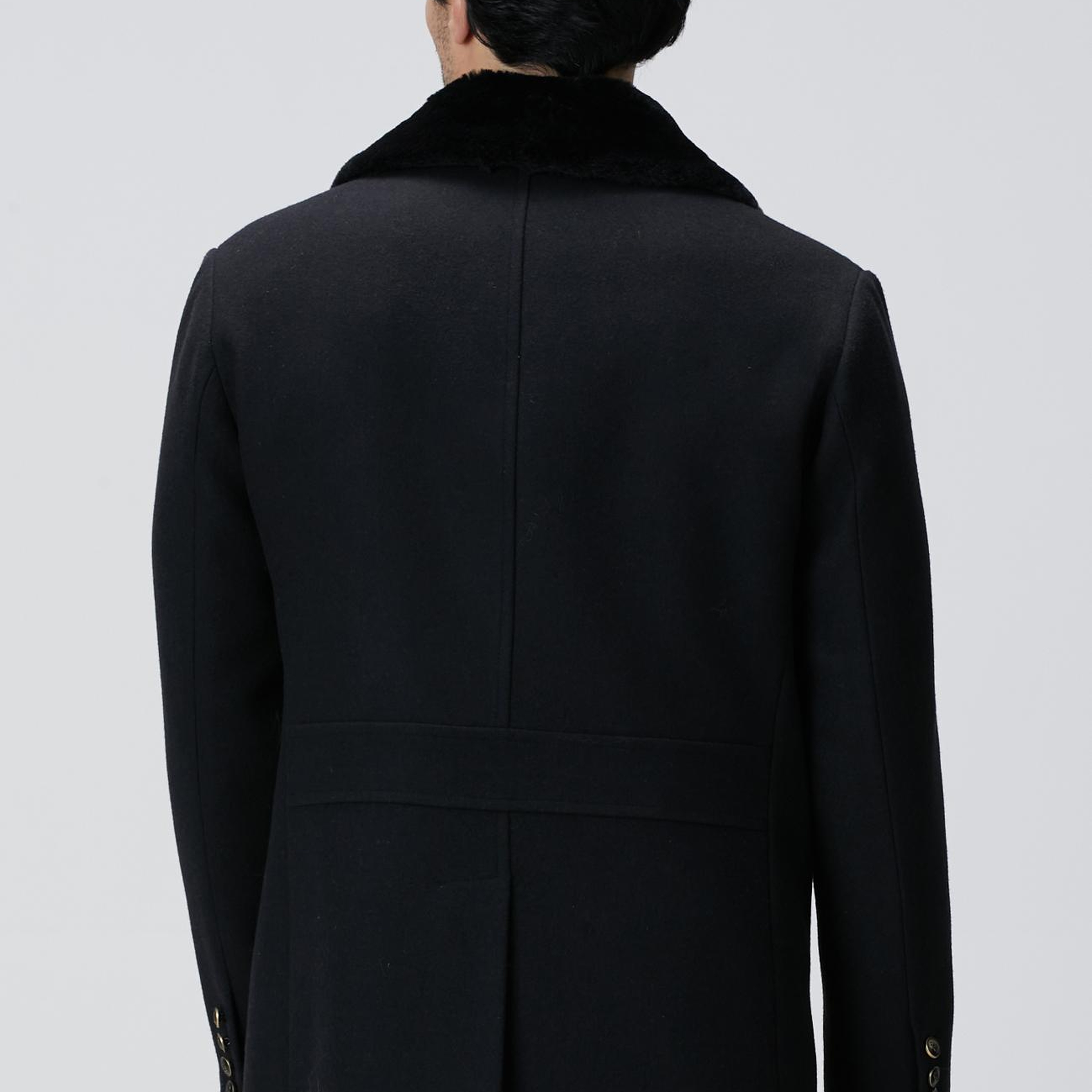 Network Erkek Siyah Kruvaze Yakası Kürklü Gemici Kaban