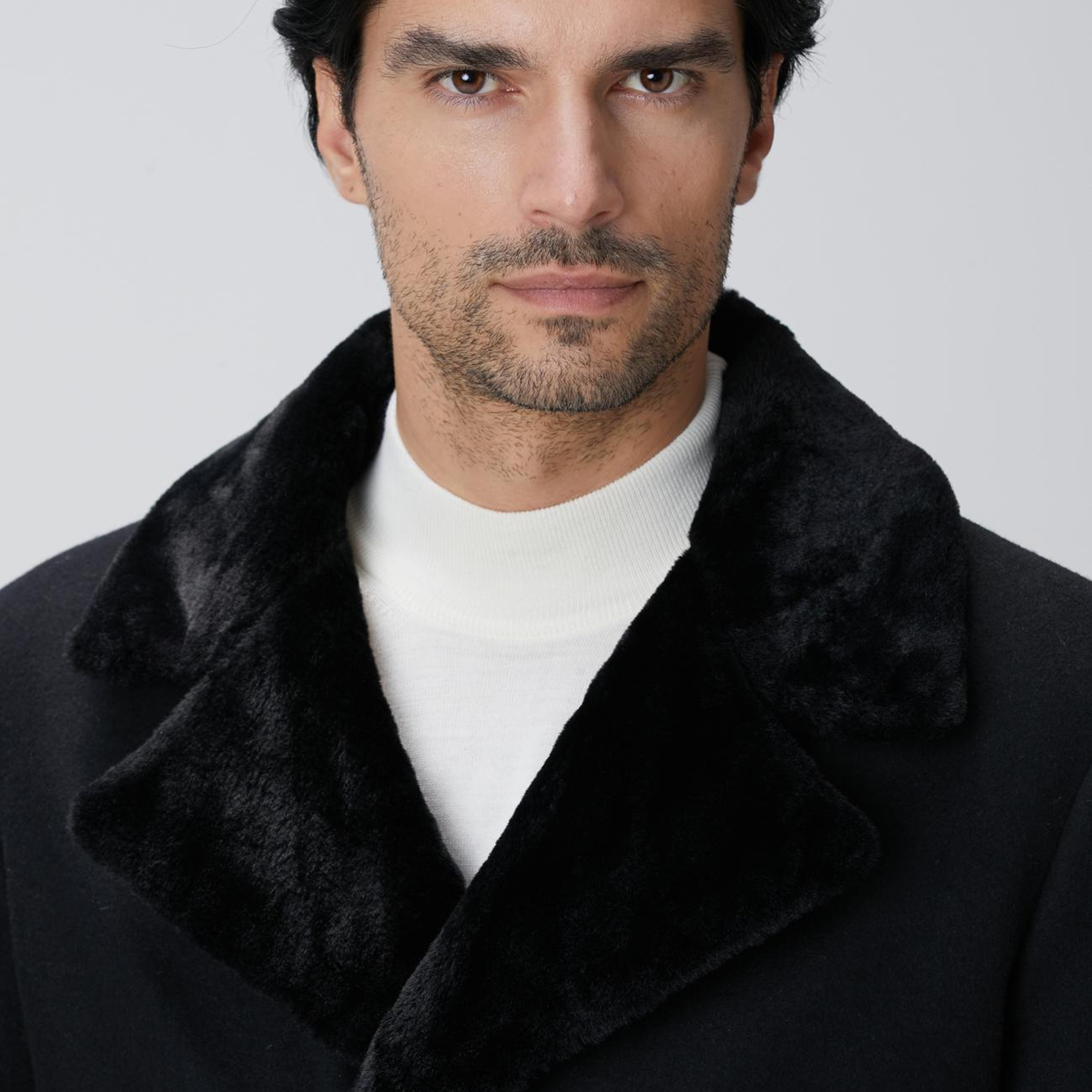 Network Erkek Siyah Kruvaze Yakası Kürklü Gemici Kaban