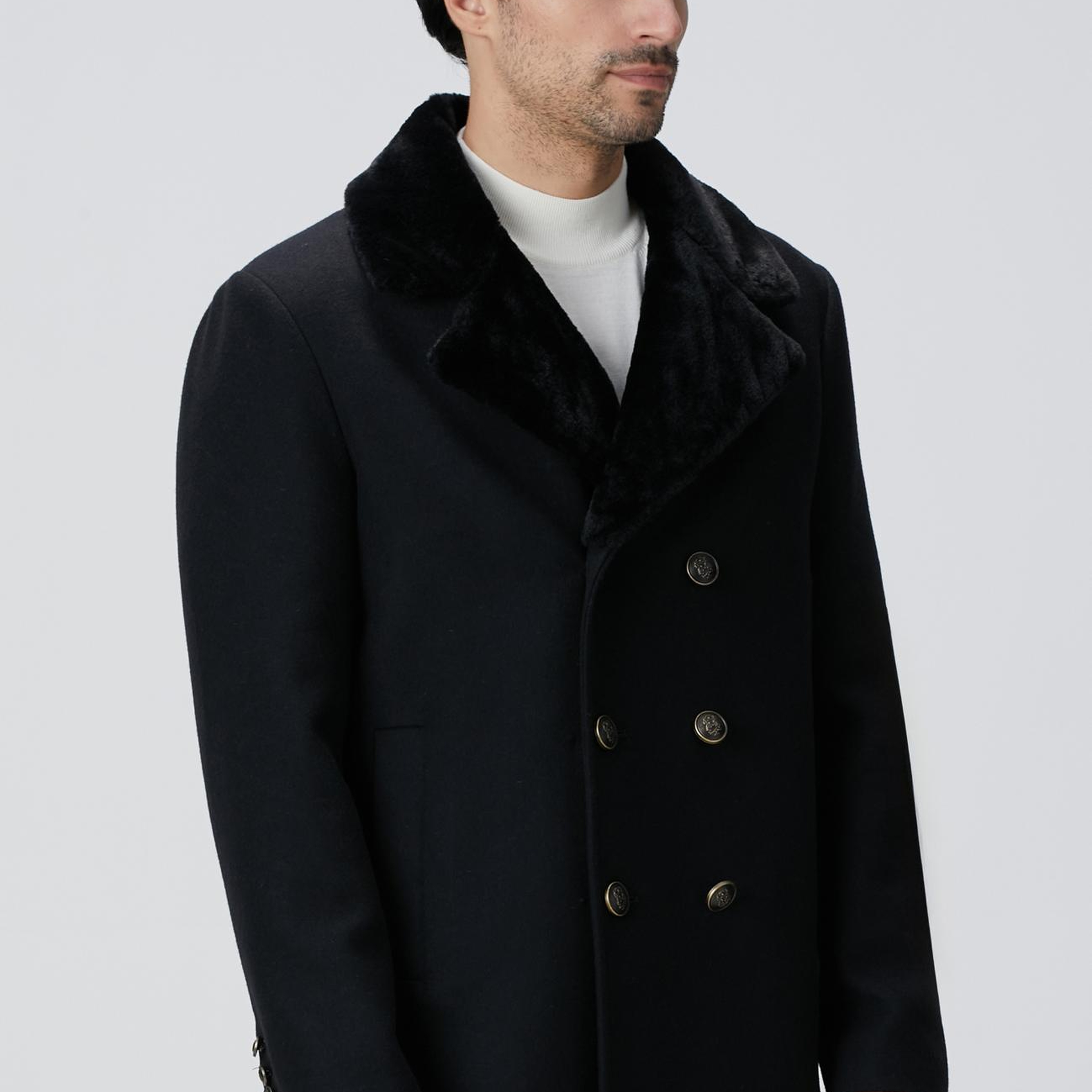 Network Erkek Siyah Kruvaze Yakası Kürklü Gemici Kaban