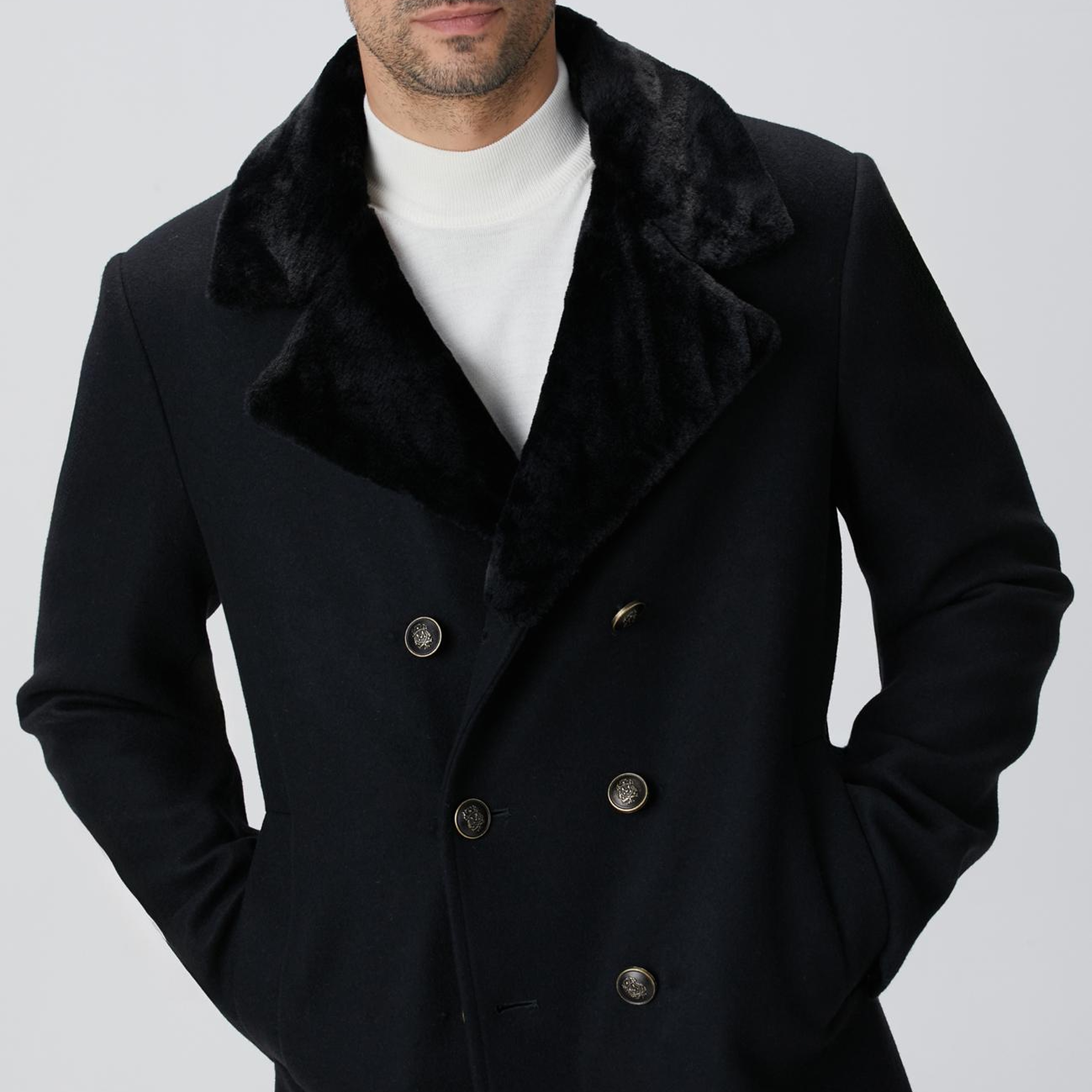 Network Erkek Siyah Kruvaze Yakası Kürklü Gemici Kaban