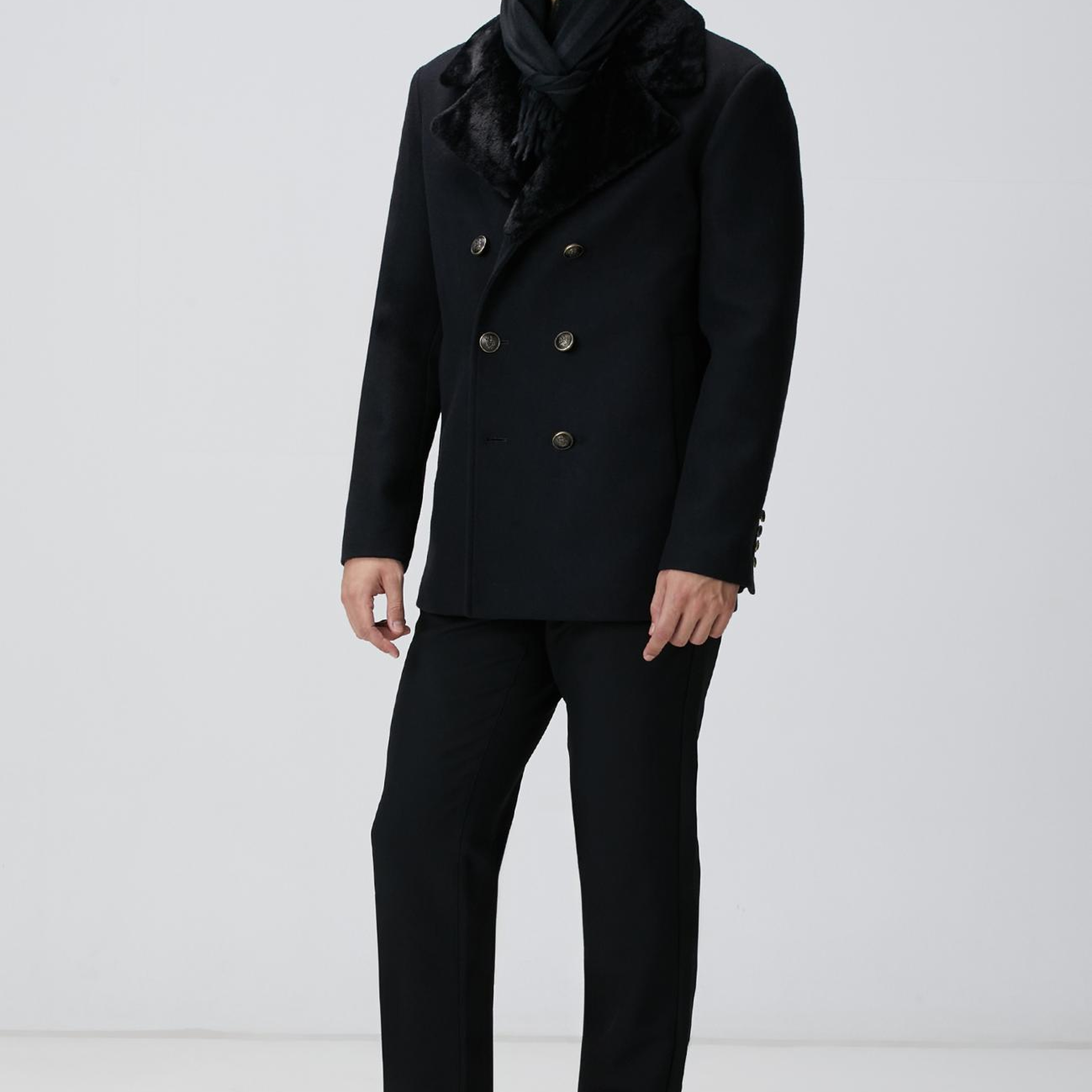 Network Erkek Siyah Kruvaze Yakası Kürklü Gemici Kaban