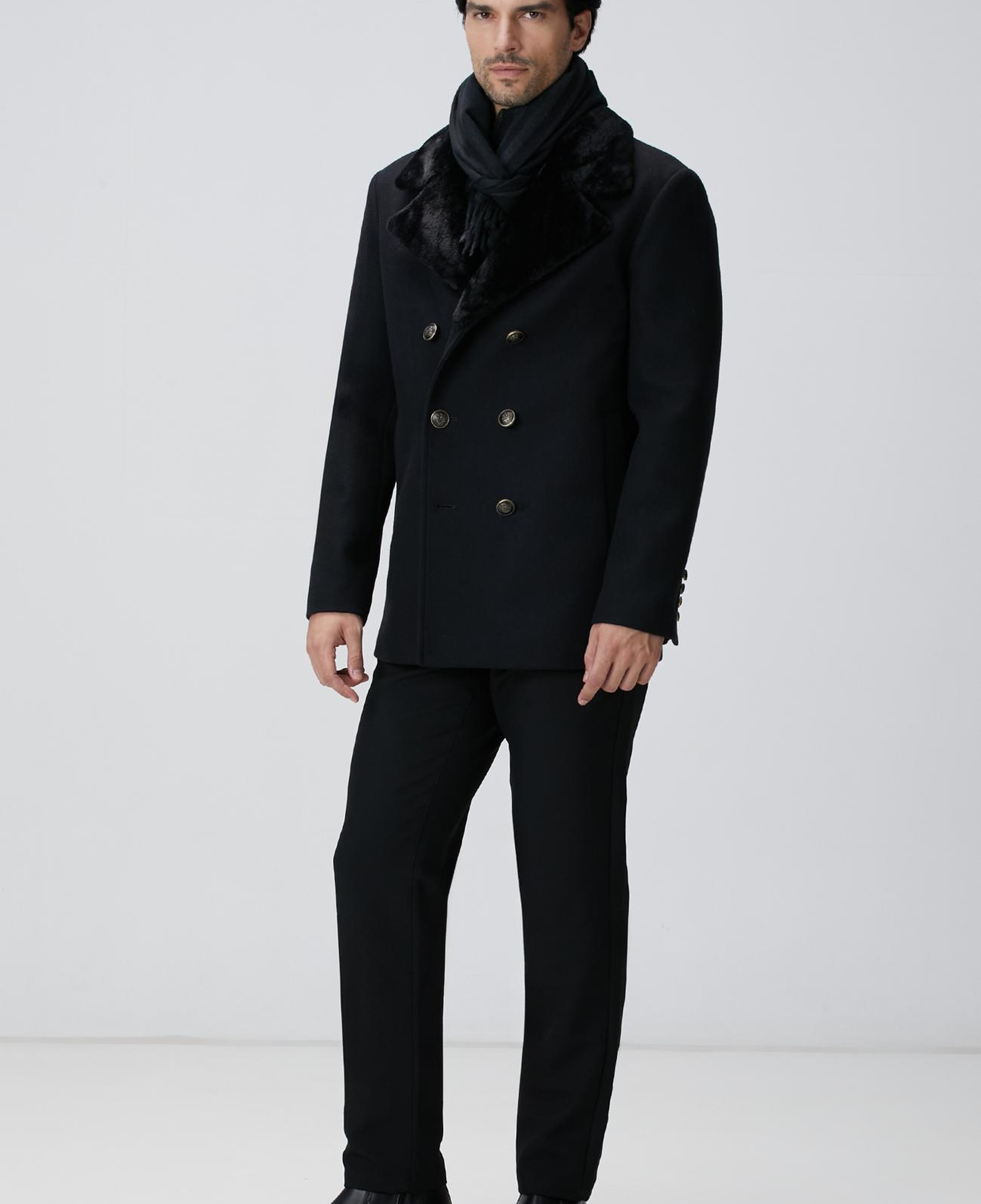 Network Erkek Siyah Kruvaze Yakası Kürklü Gemici Kaban