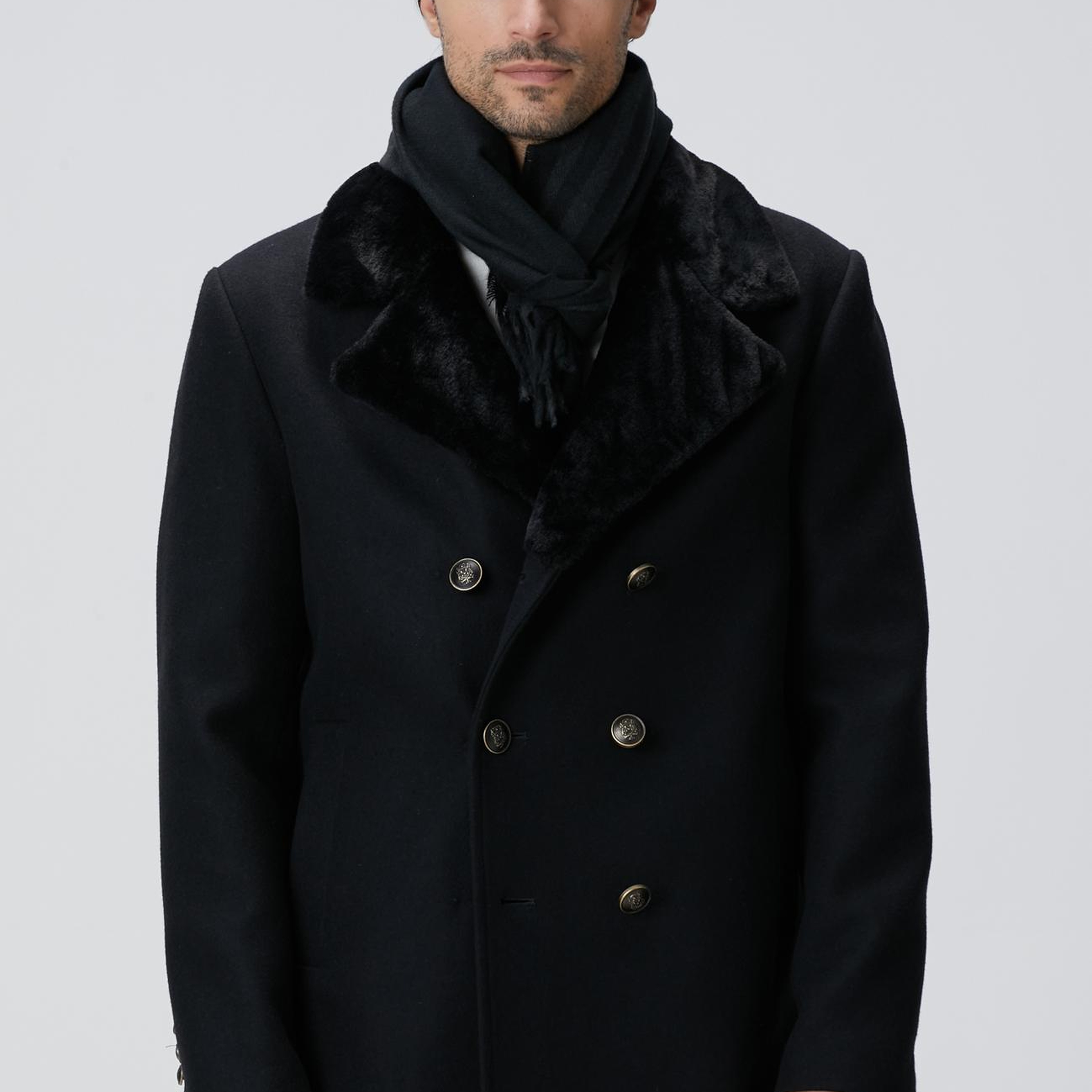 Network Erkek Siyah Kruvaze Yakası Kürklü Gemici Kaban