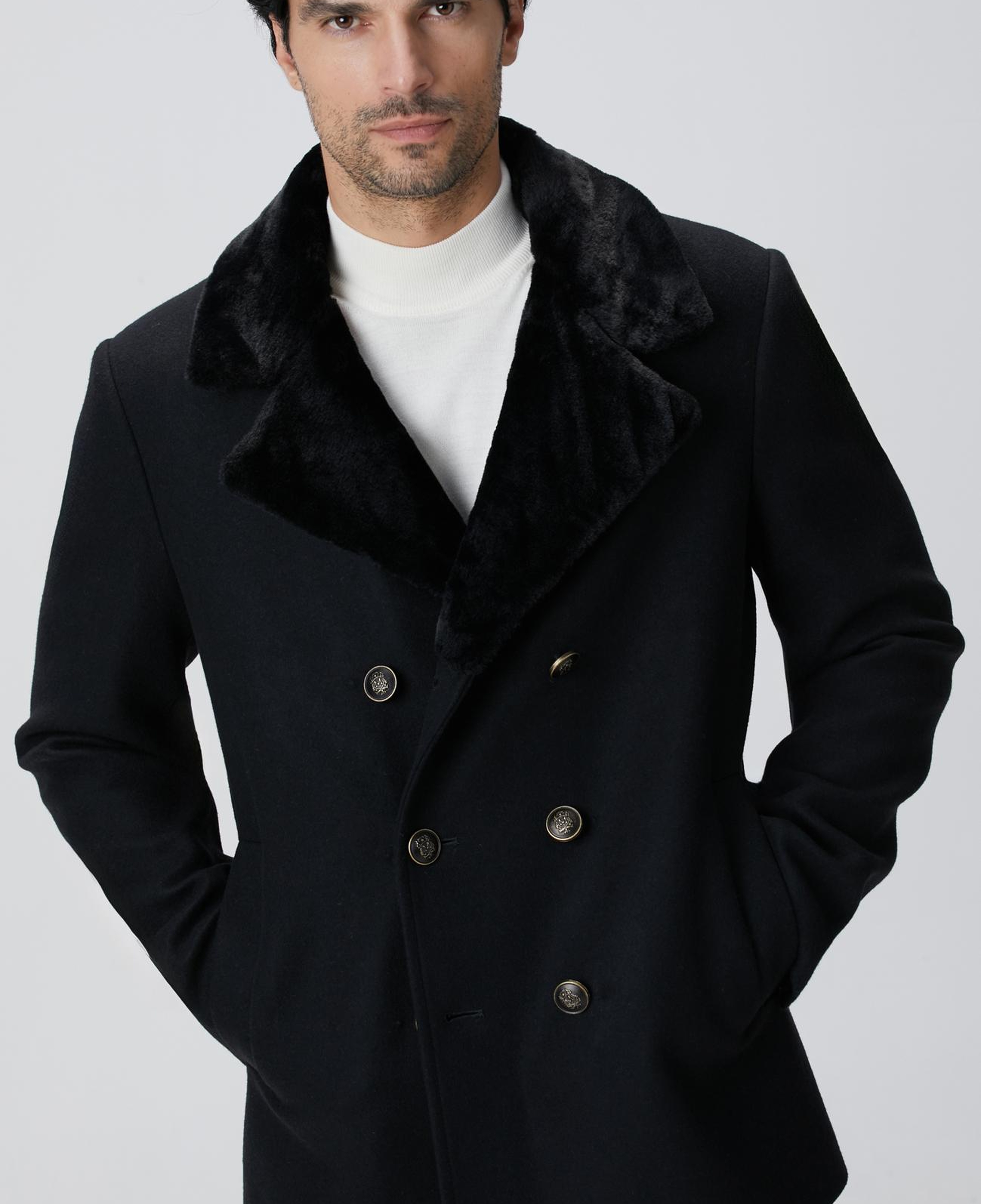 Network Erkek Siyah Kruvaze Yakası Kürklü Gemici Kaban