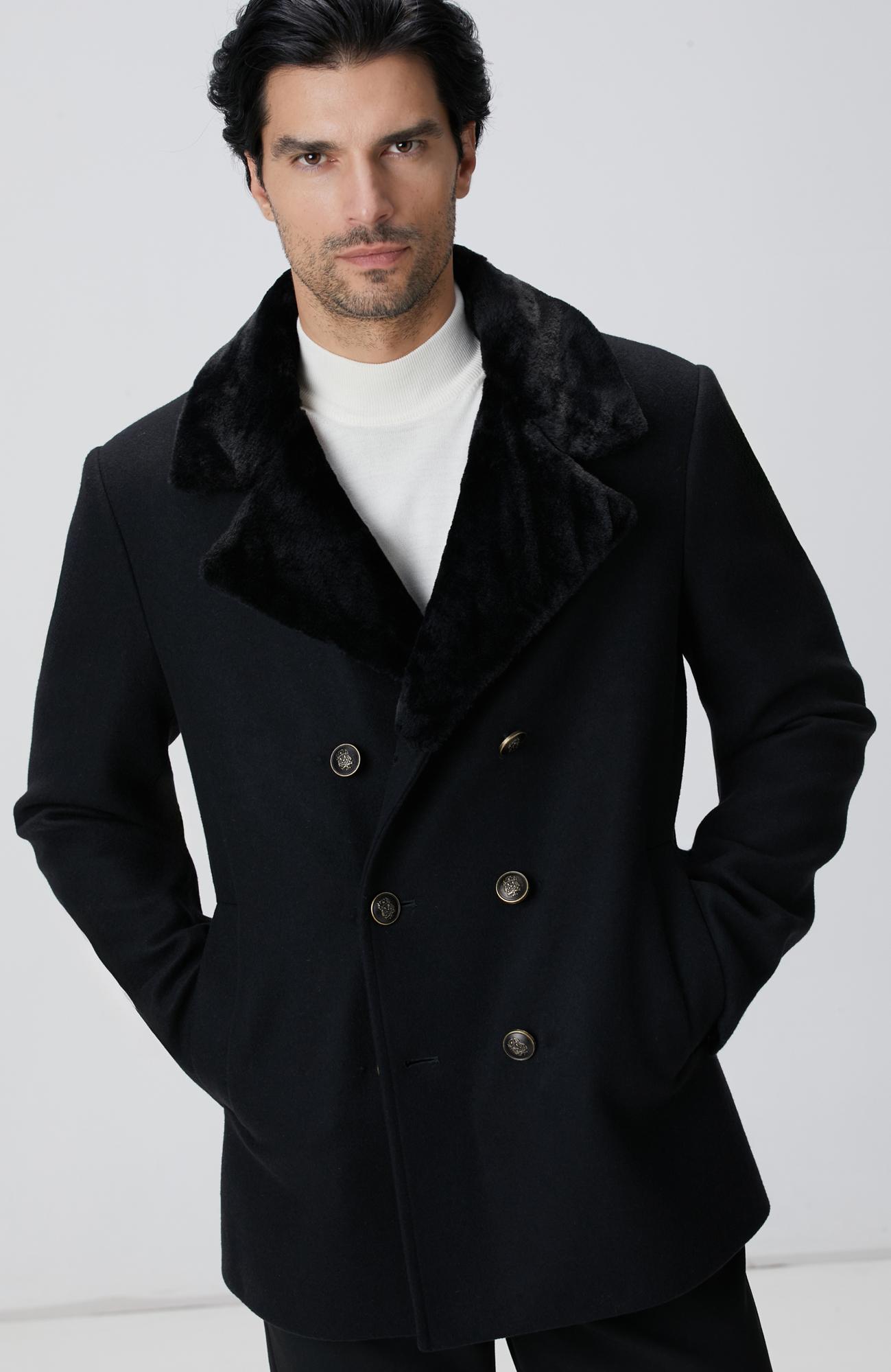 Network Erkek Siyah Kruvaze Yakası Kürklü Gemici Kaban