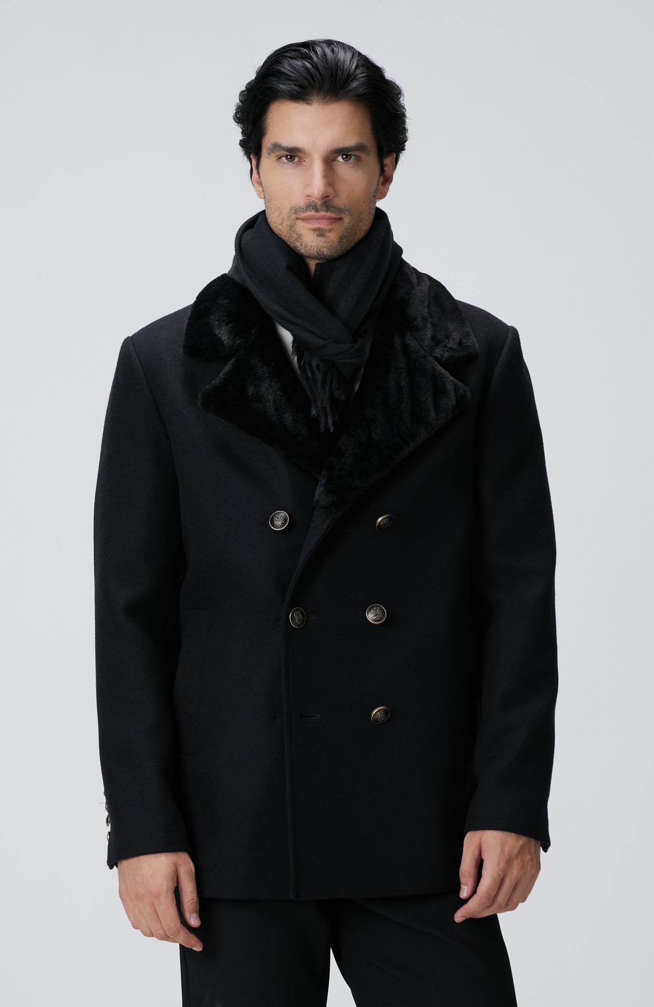 Network Erkek Siyah Kruvaze Yakası Kürklü Gemici Kaban