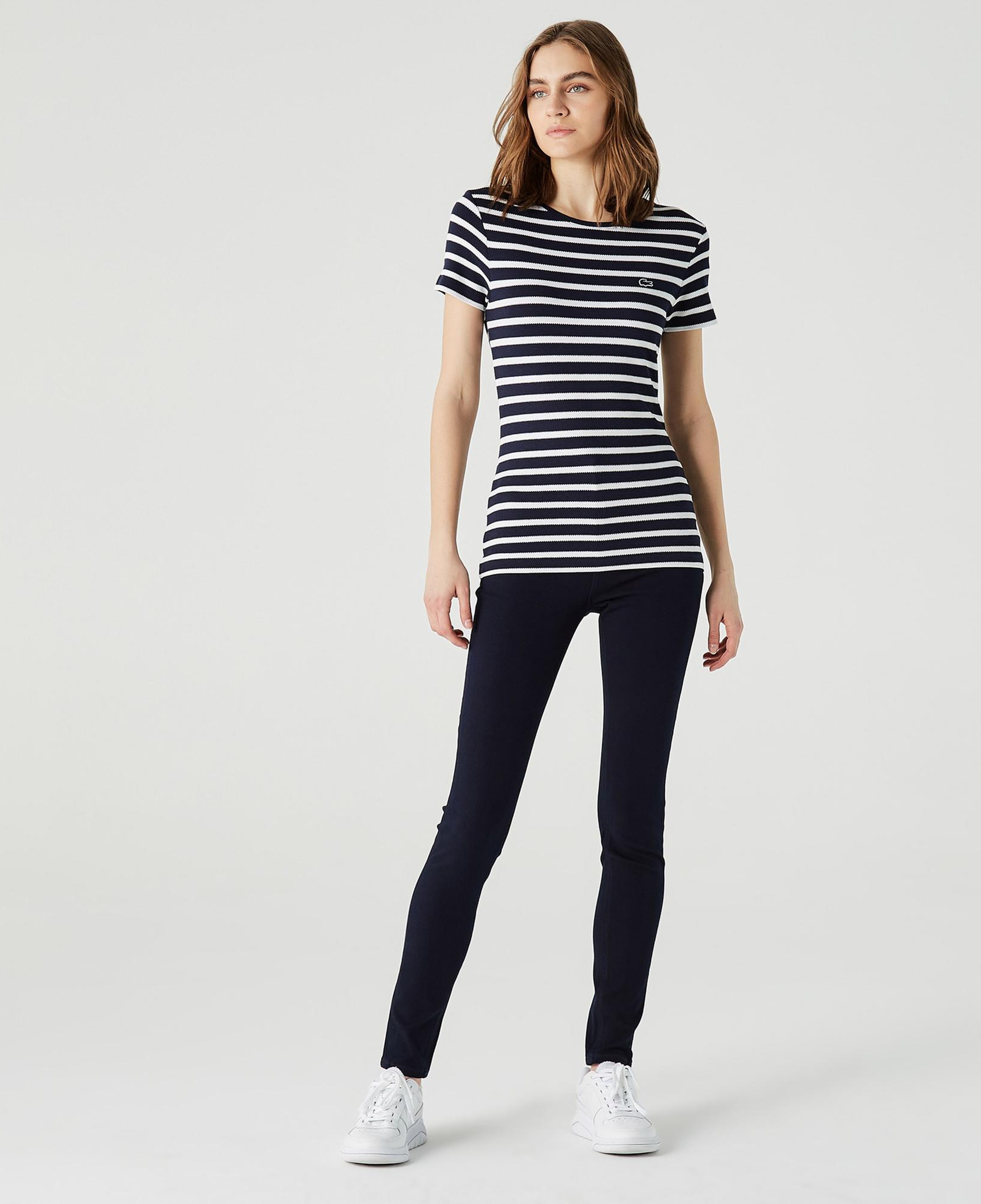 Lacoste Kadın Slim Fit Bisiklet Yaka Çizgili Lacivert T-Shirt