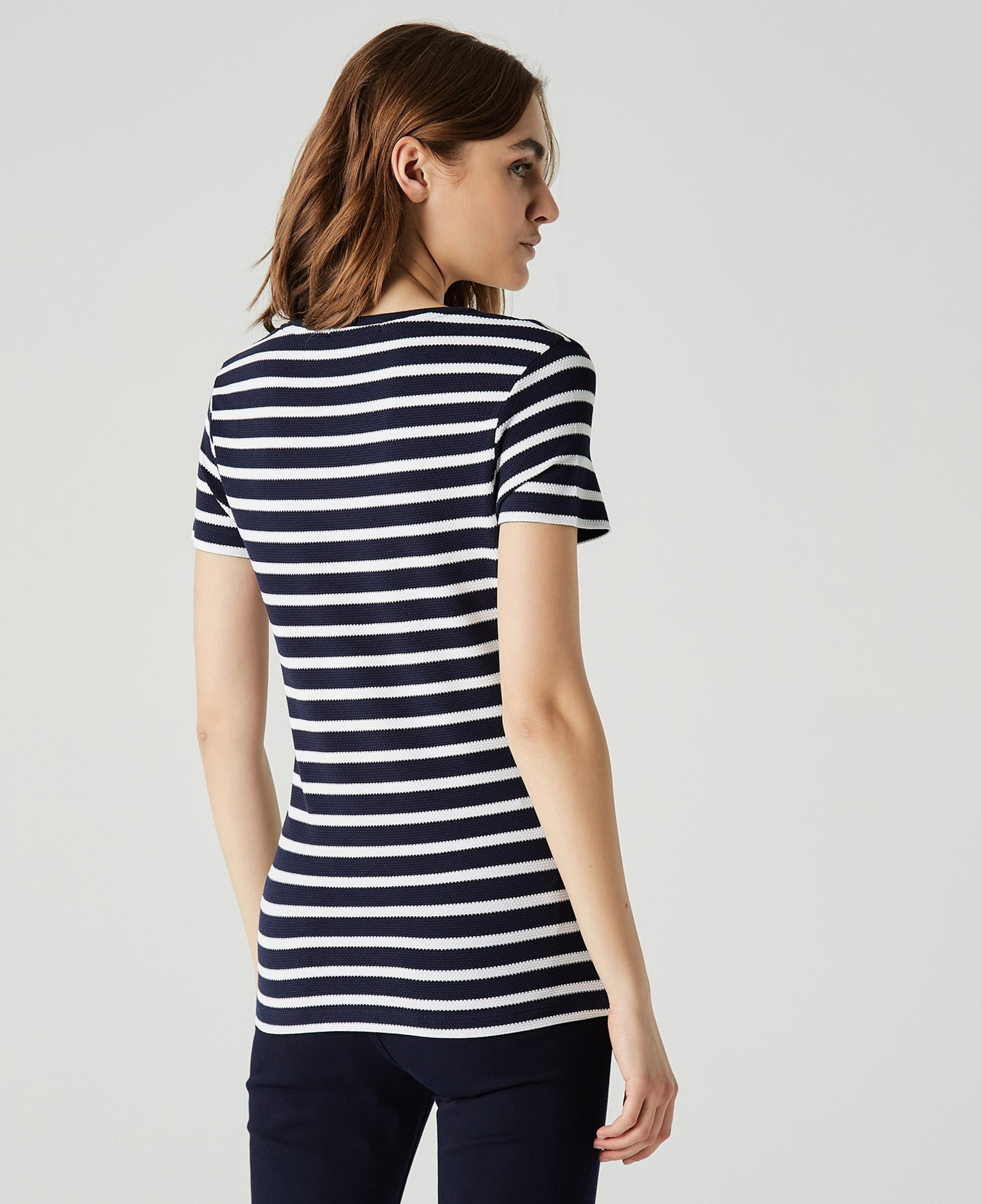 Lacoste Kadın Slim Fit Bisiklet Yaka Çizgili Lacivert T-Shirt