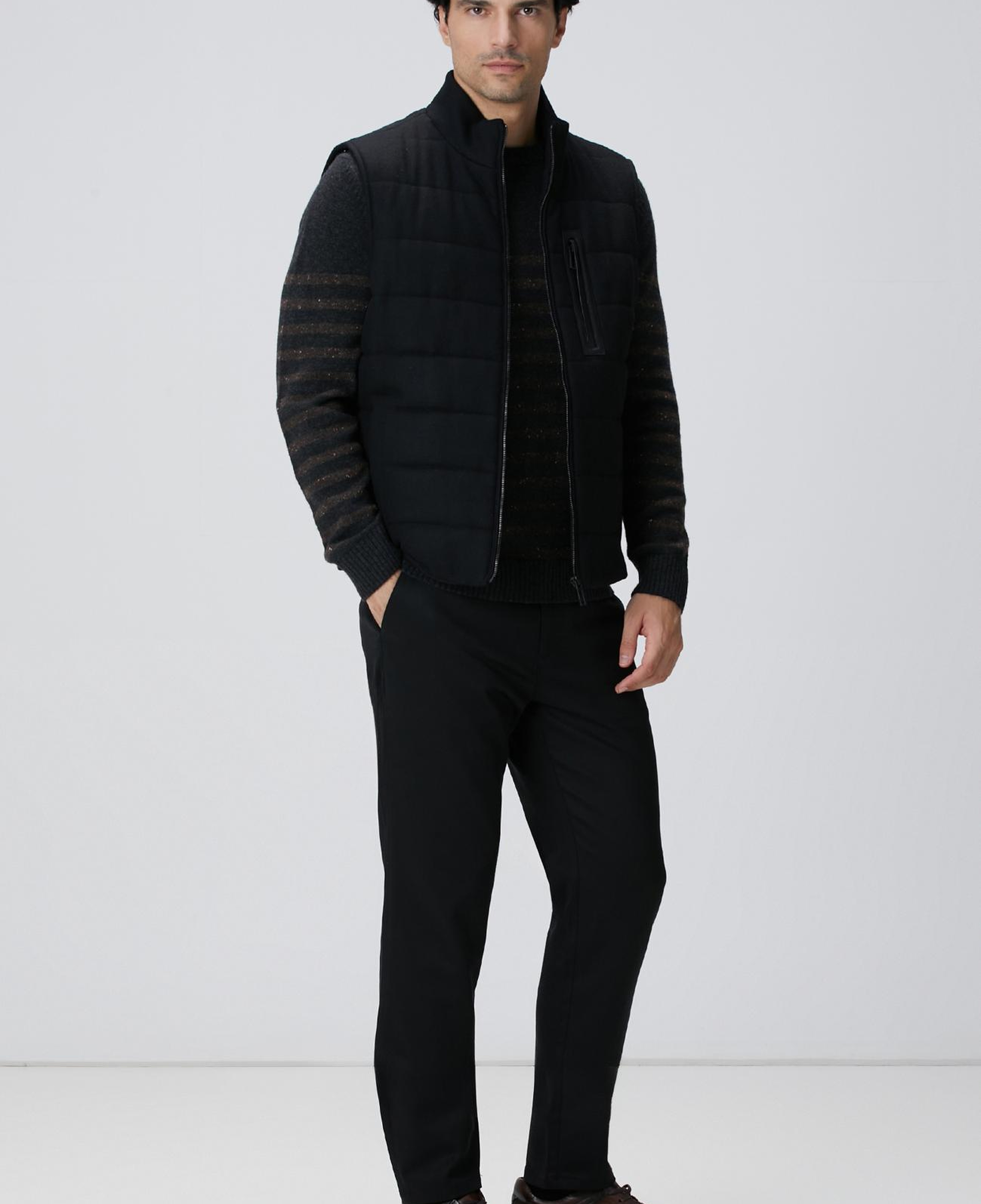 Network Erkek Siyah Yün Karışımlı Flanel Dik Yaka Casual Yelek