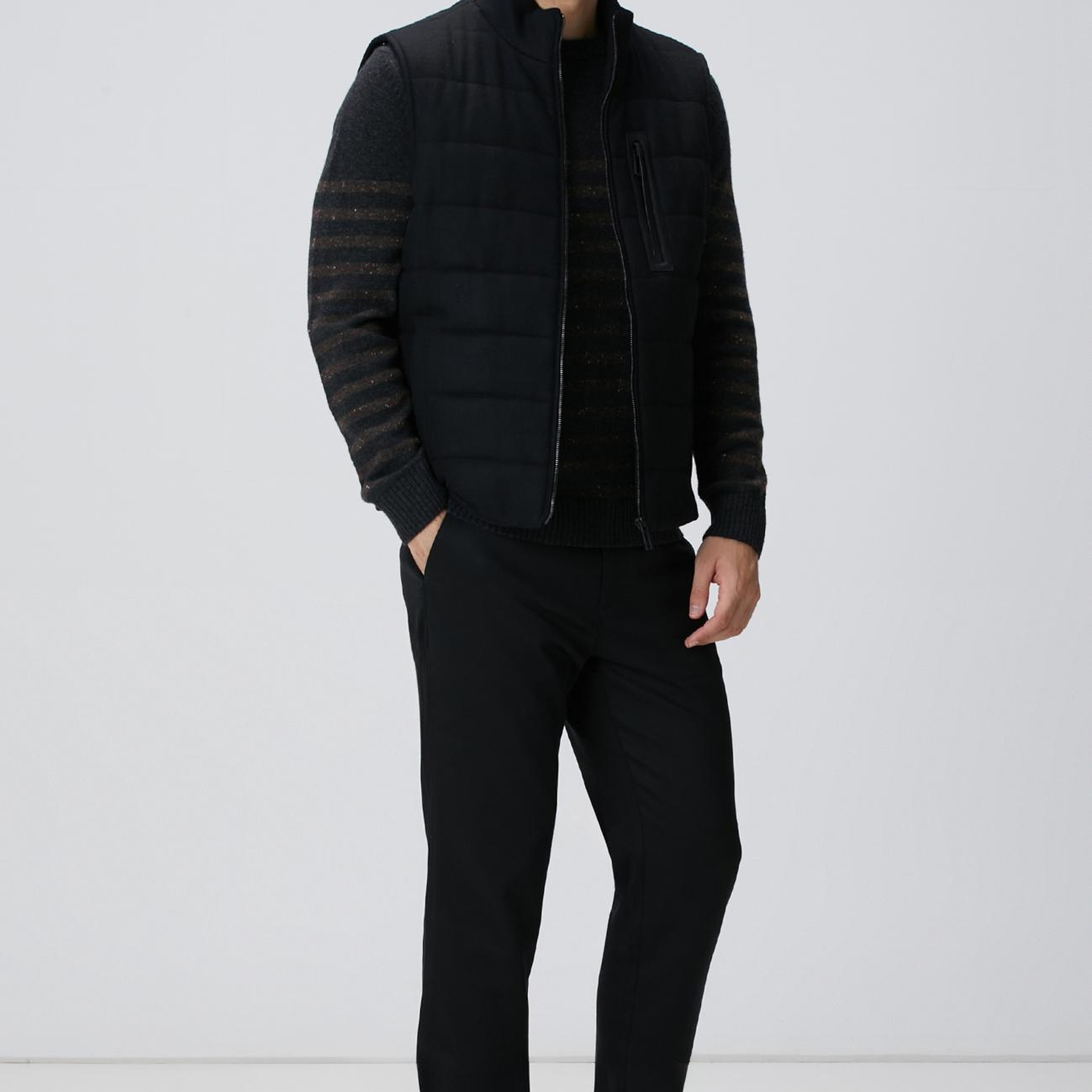 Network Erkek Siyah Yün Karışımlı Flanel Dik Yaka Casual Yelek