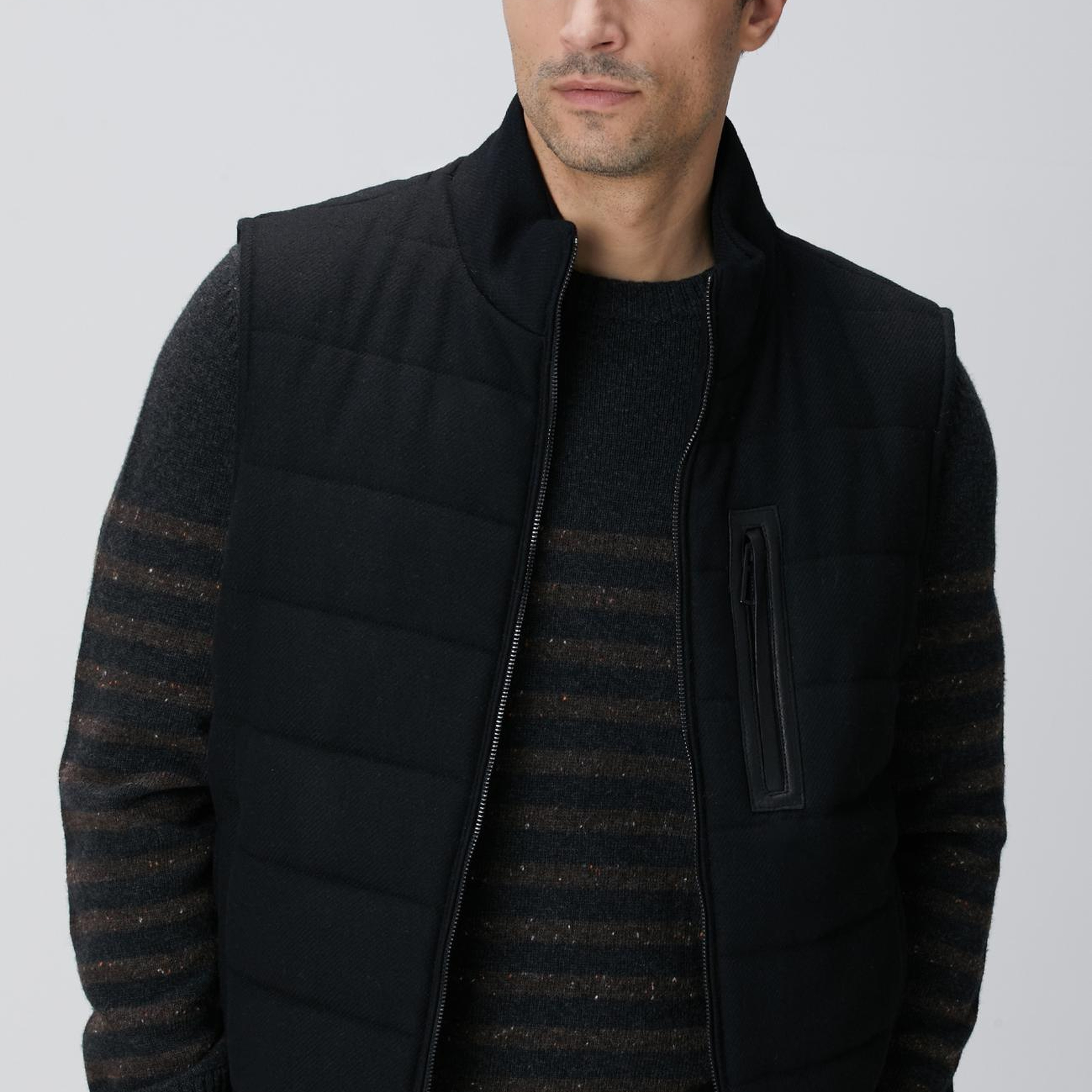 Network Erkek Siyah Yün Karışımlı Flanel Dik Yaka Casual Yelek