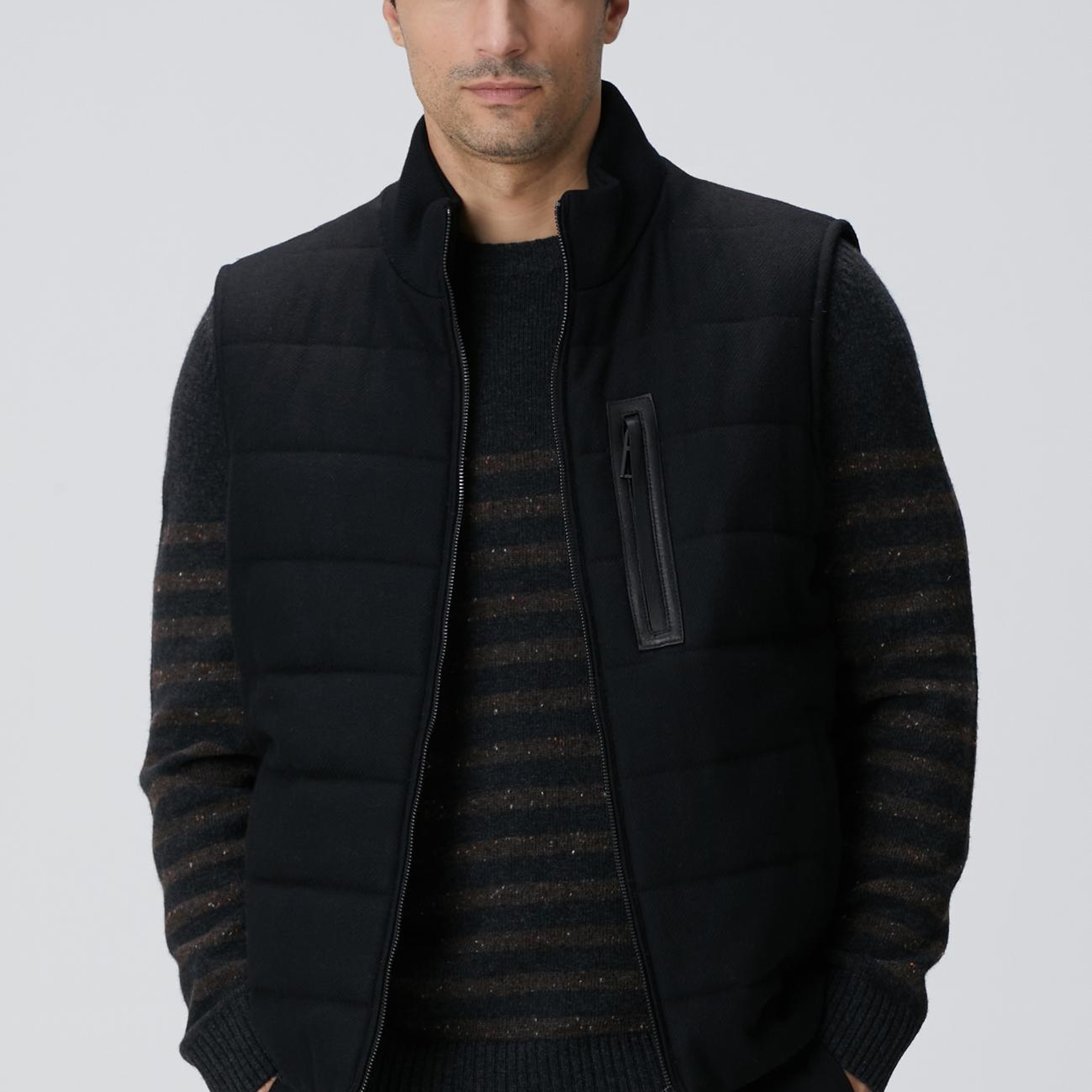 Network Erkek Siyah Yün Karışımlı Flanel Dik Yaka Casual Yelek