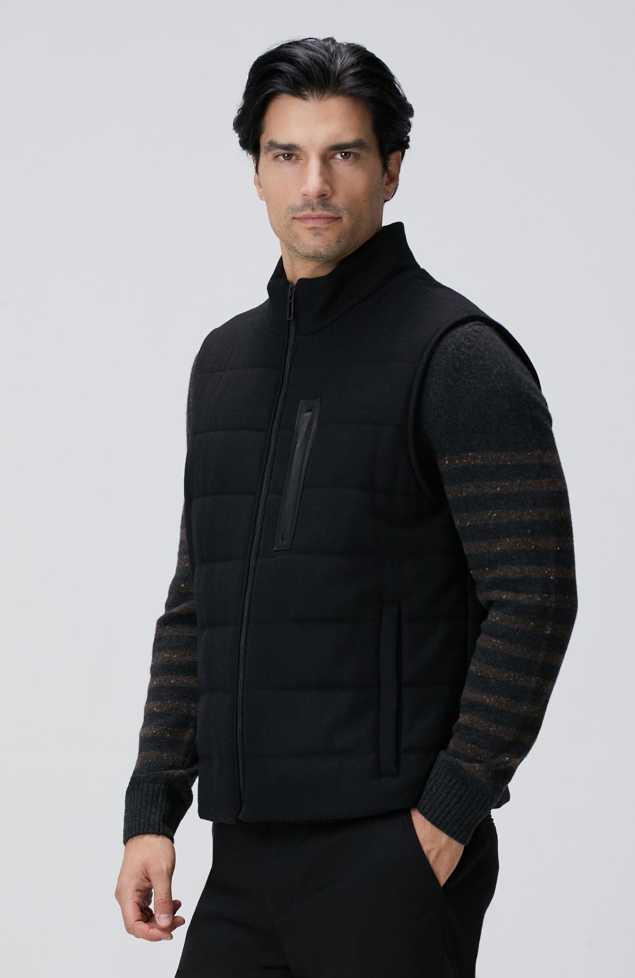 Network Erkek Siyah Yün Karışımlı Flanel Dik Yaka Casual Yelek