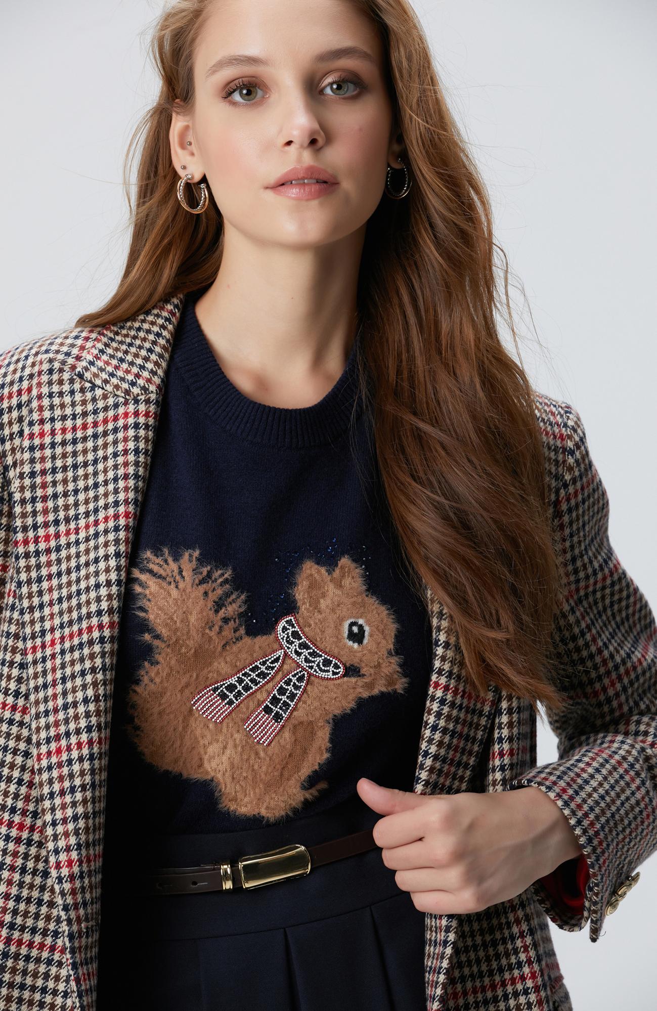 Network Kadın Lacivert Kahverengi Kazayağı Yün Karışımlı Ceket