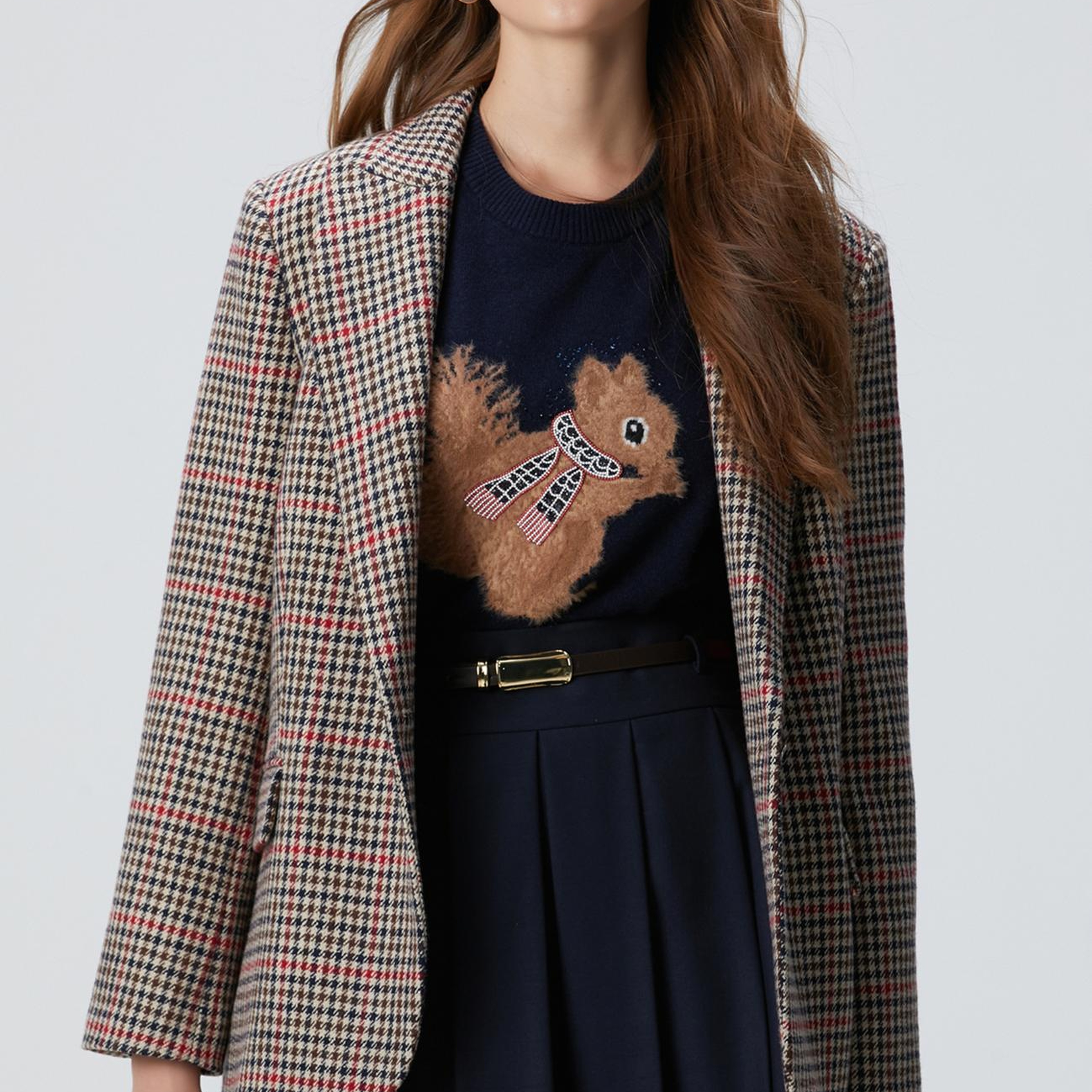 Network Kadın Lacivert Kahverengi Kazayağı Yün Karışımlı Ceket