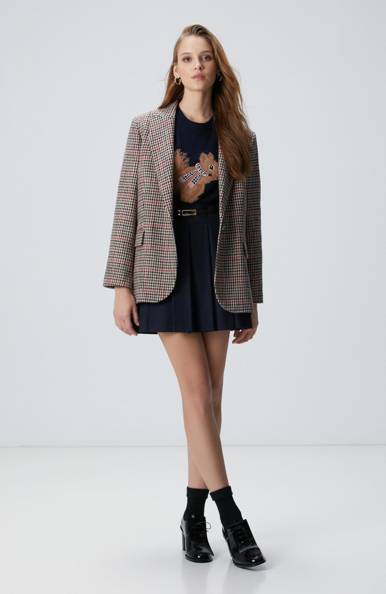 Network Kadın Lacivert Kahverengi Kazayağı Yün Karışımlı Ceket