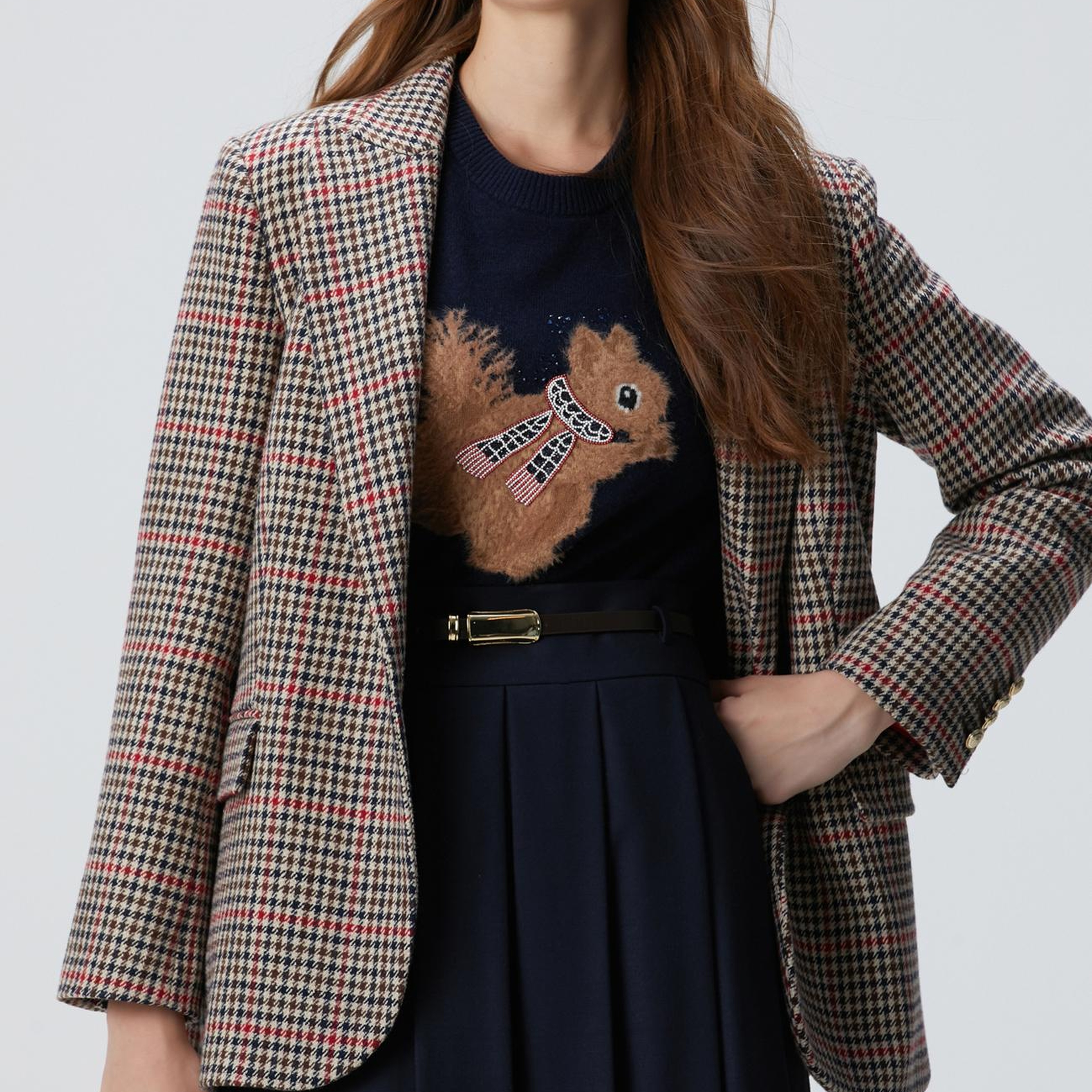 Network Kadın Lacivert Kahverengi Kazayağı Yün Karışımlı Ceket