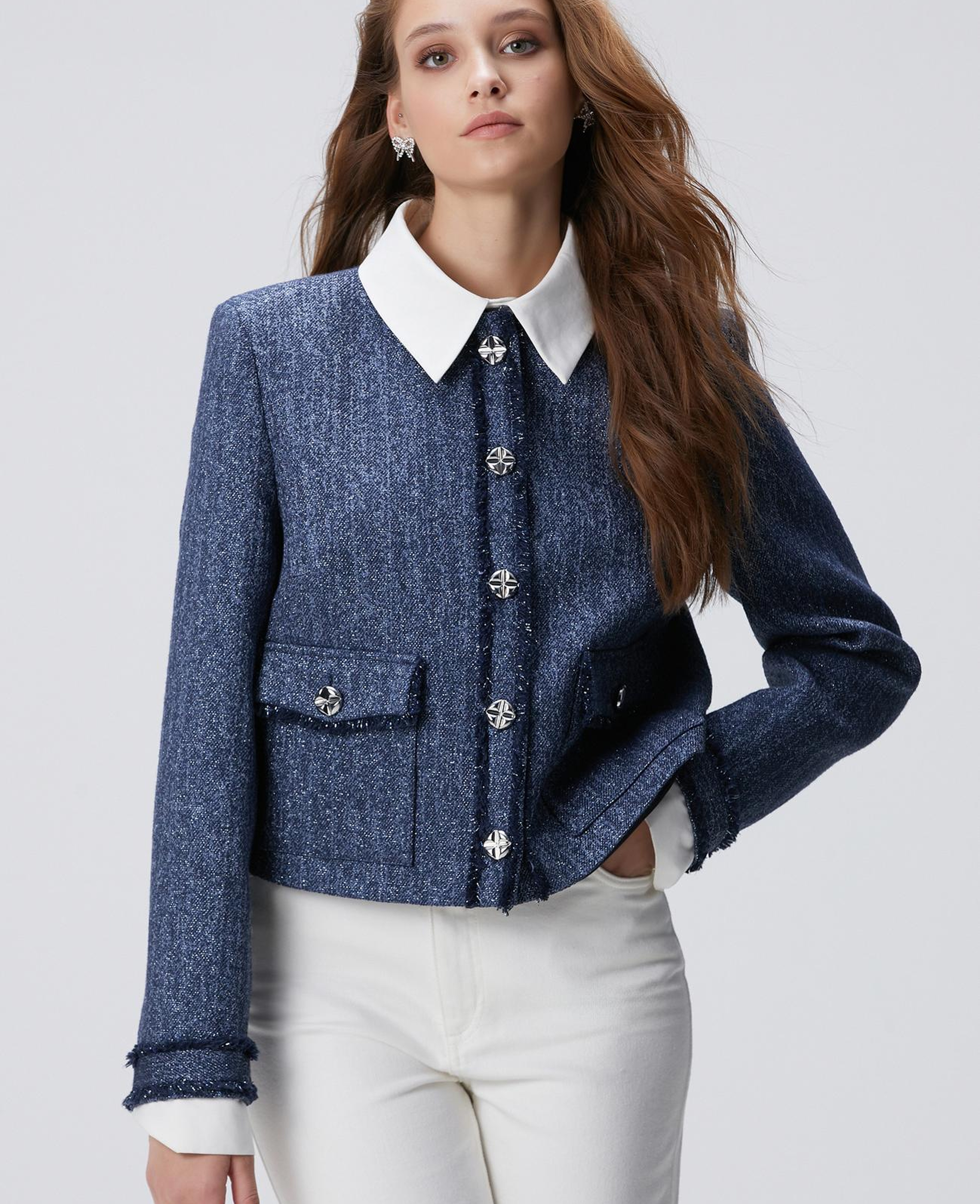 Network Kadın Lacivert Desenli Çıkarılabilir Yakalı Ceket