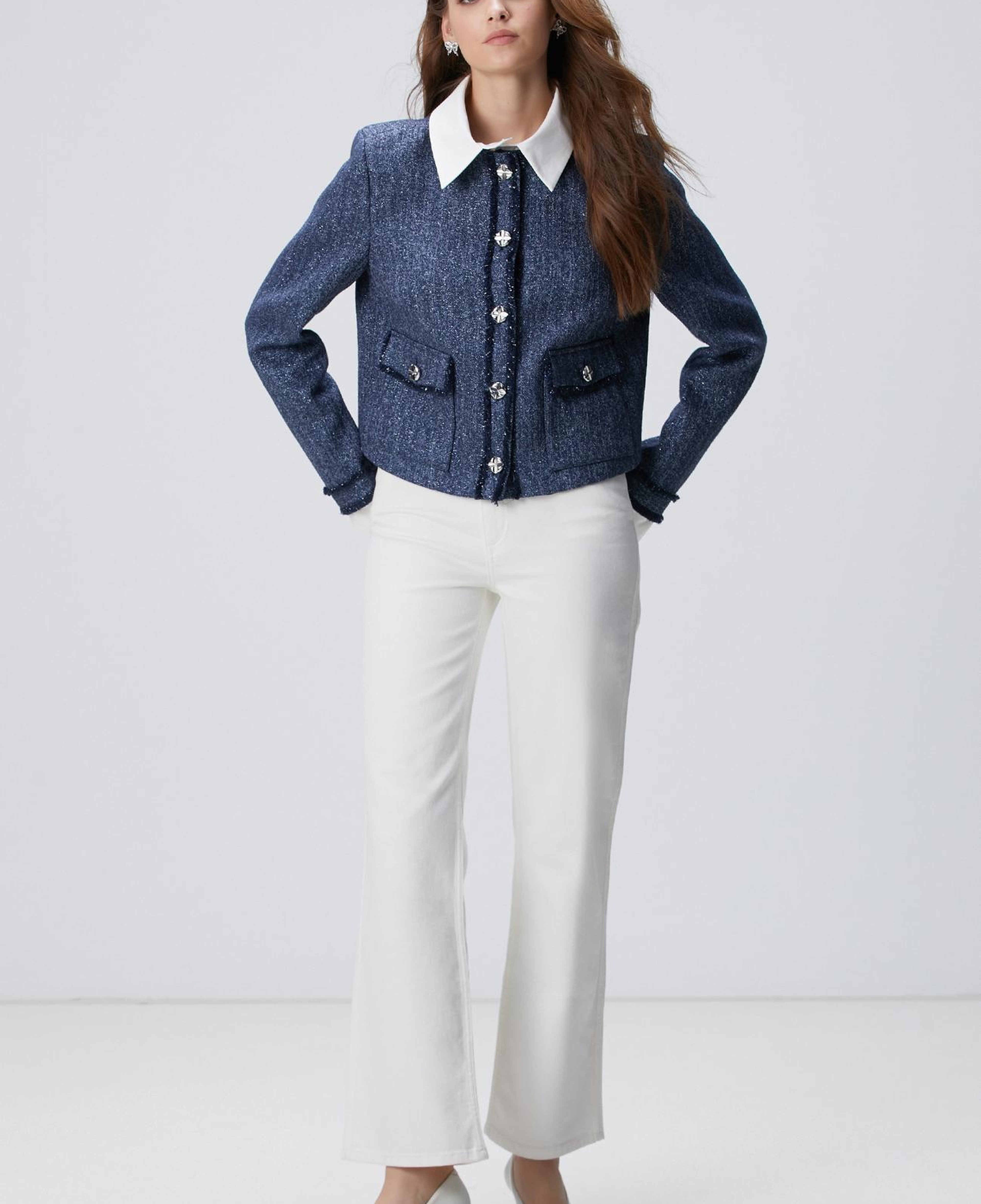 Network Kadın Lacivert Desenli Çıkarılabilir Yakalı Ceket