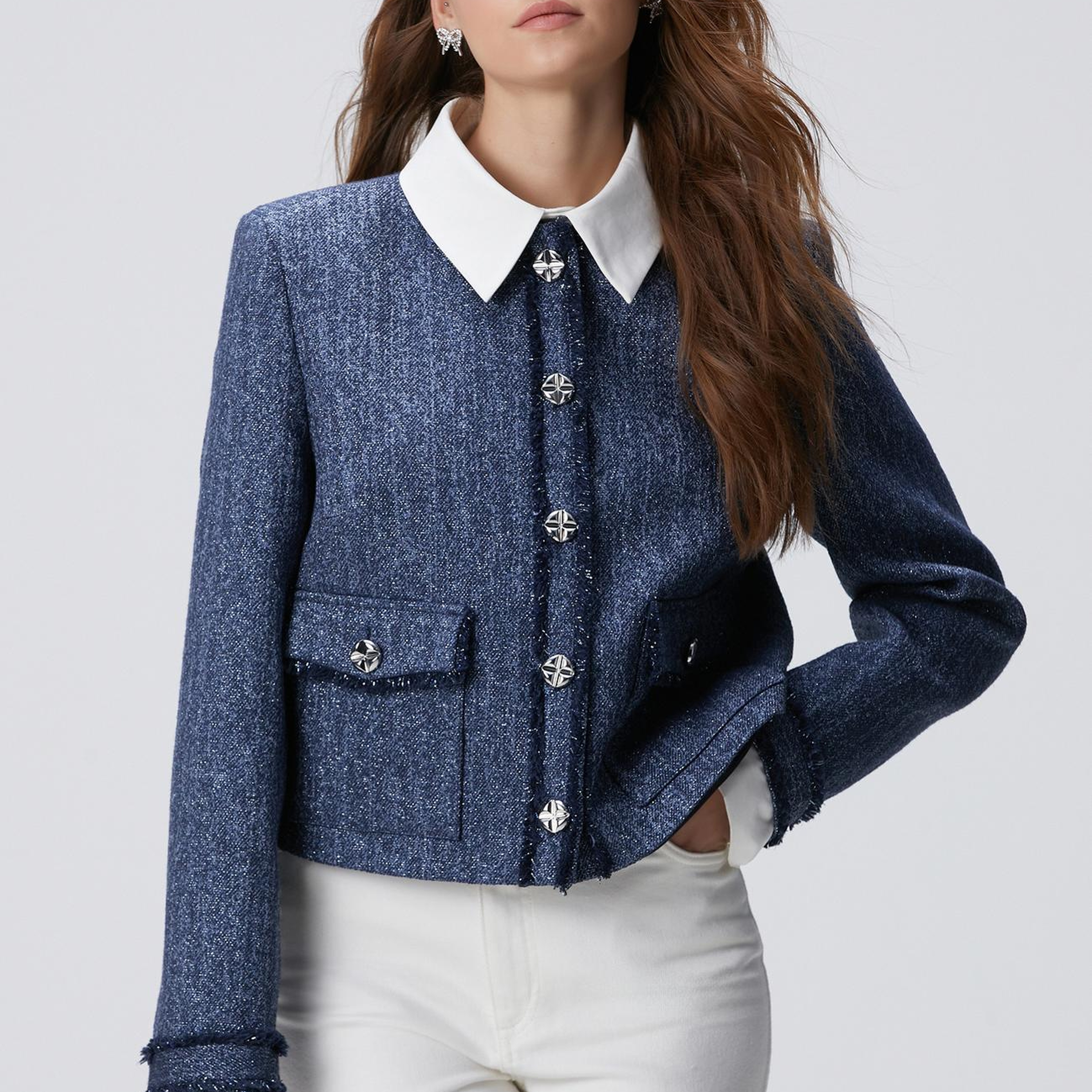 Network Kadın Lacivert Desenli Çıkarılabilir Yakalı Ceket