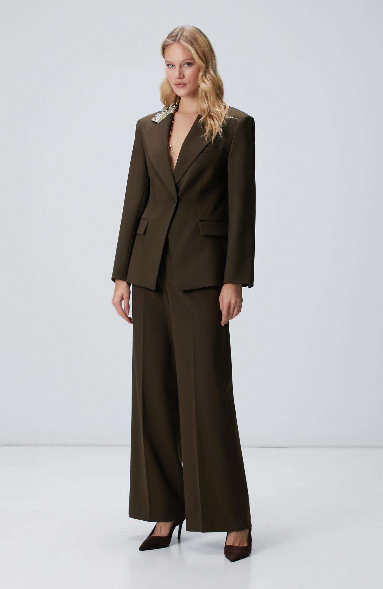 Network Kadın Haki Yakası Yılan Derisi Desenli Yün Karışımlı Ceket