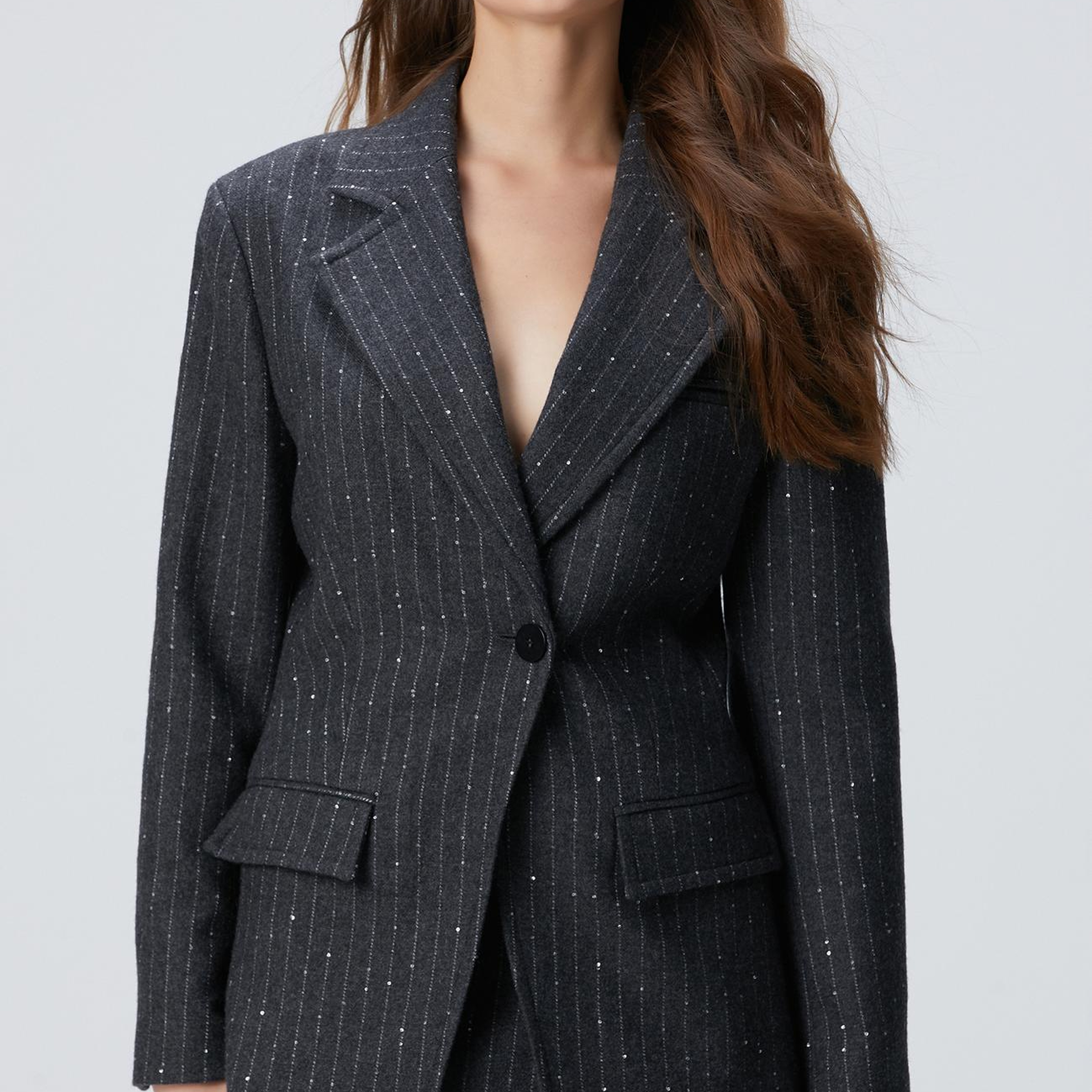 Network Kadın Koyu Gri Melanj Çizgili Yün Karışımlı Ceket