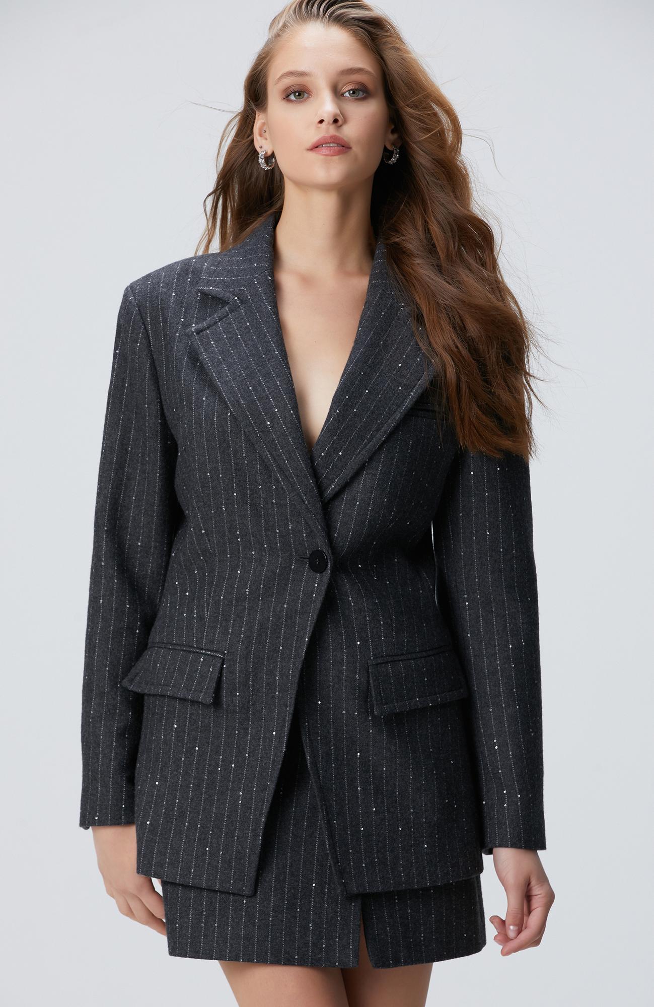 Network Kadın Koyu Gri Melanj Çizgili Yün Karışımlı Ceket