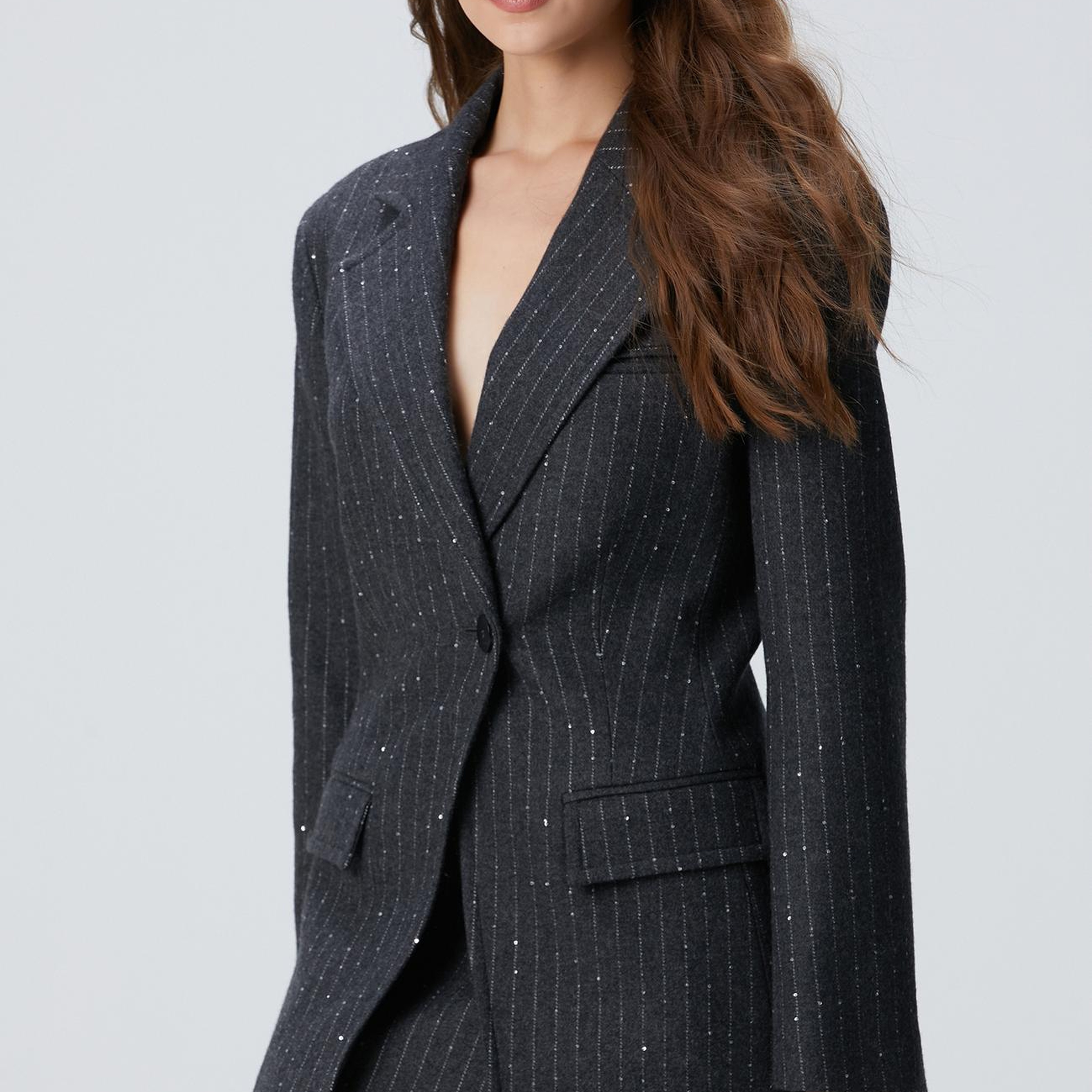 Network Kadın Koyu Gri Melanj Çizgili Yün Karışımlı Ceket