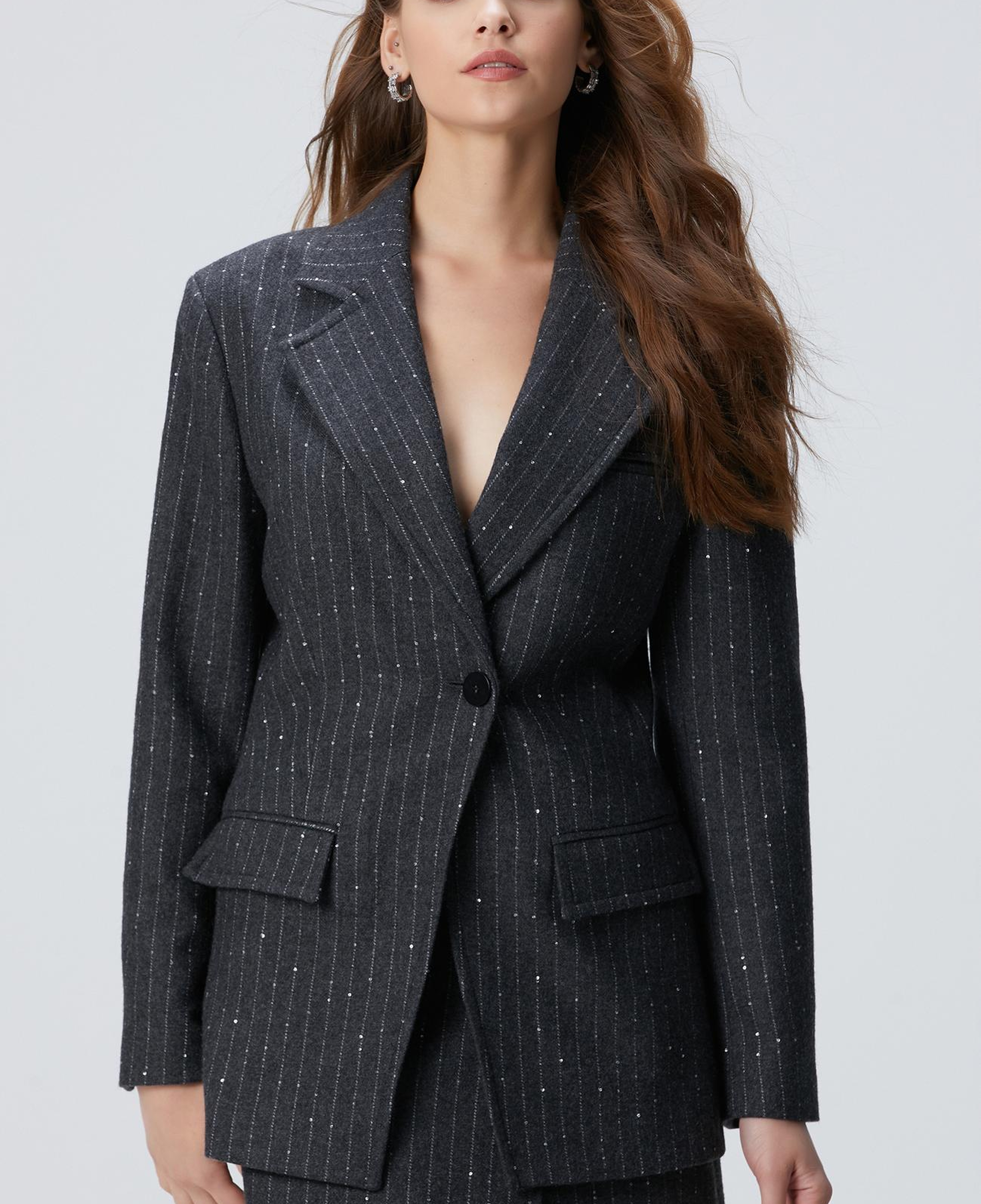 Network Kadın Koyu Gri Melanj Çizgili Yün Karışımlı Ceket