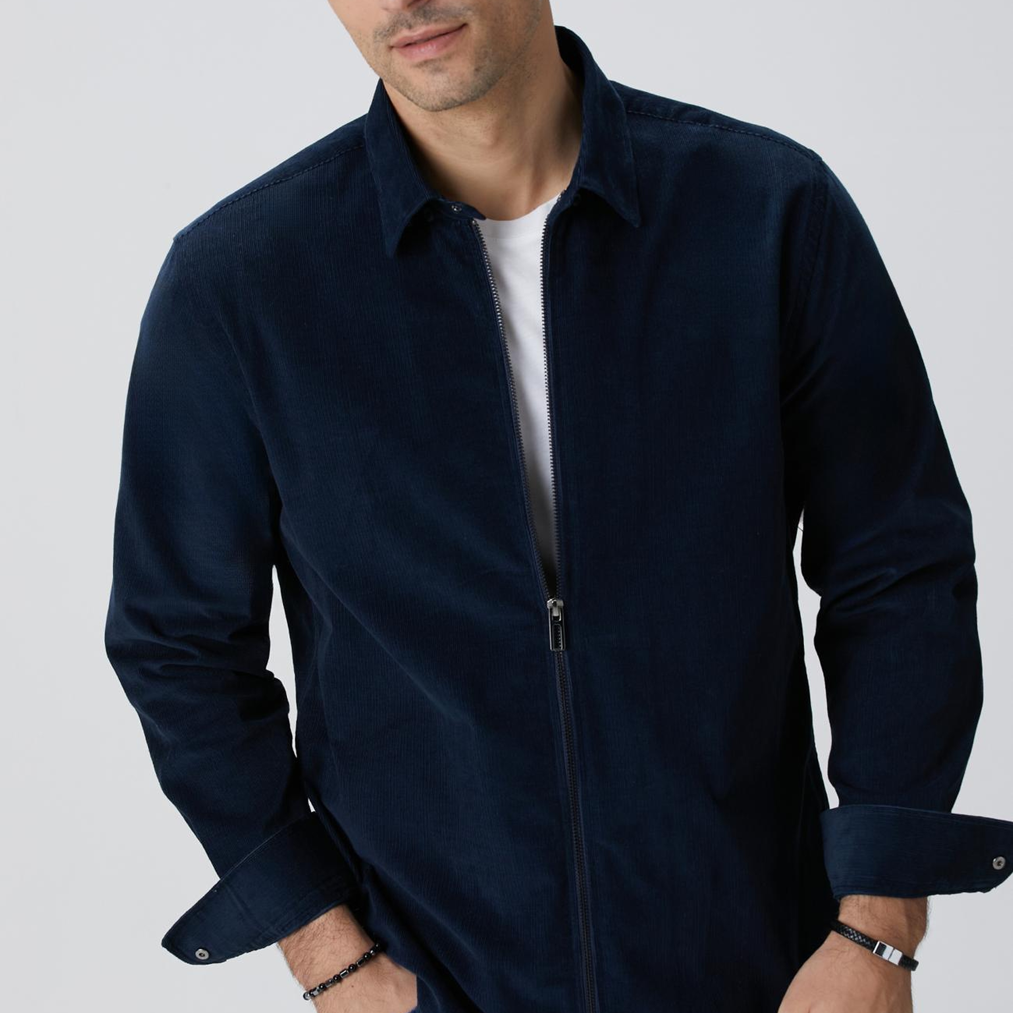 Network Erkek Lacivert Fermuarlı Fitilli Kadife Gömlek