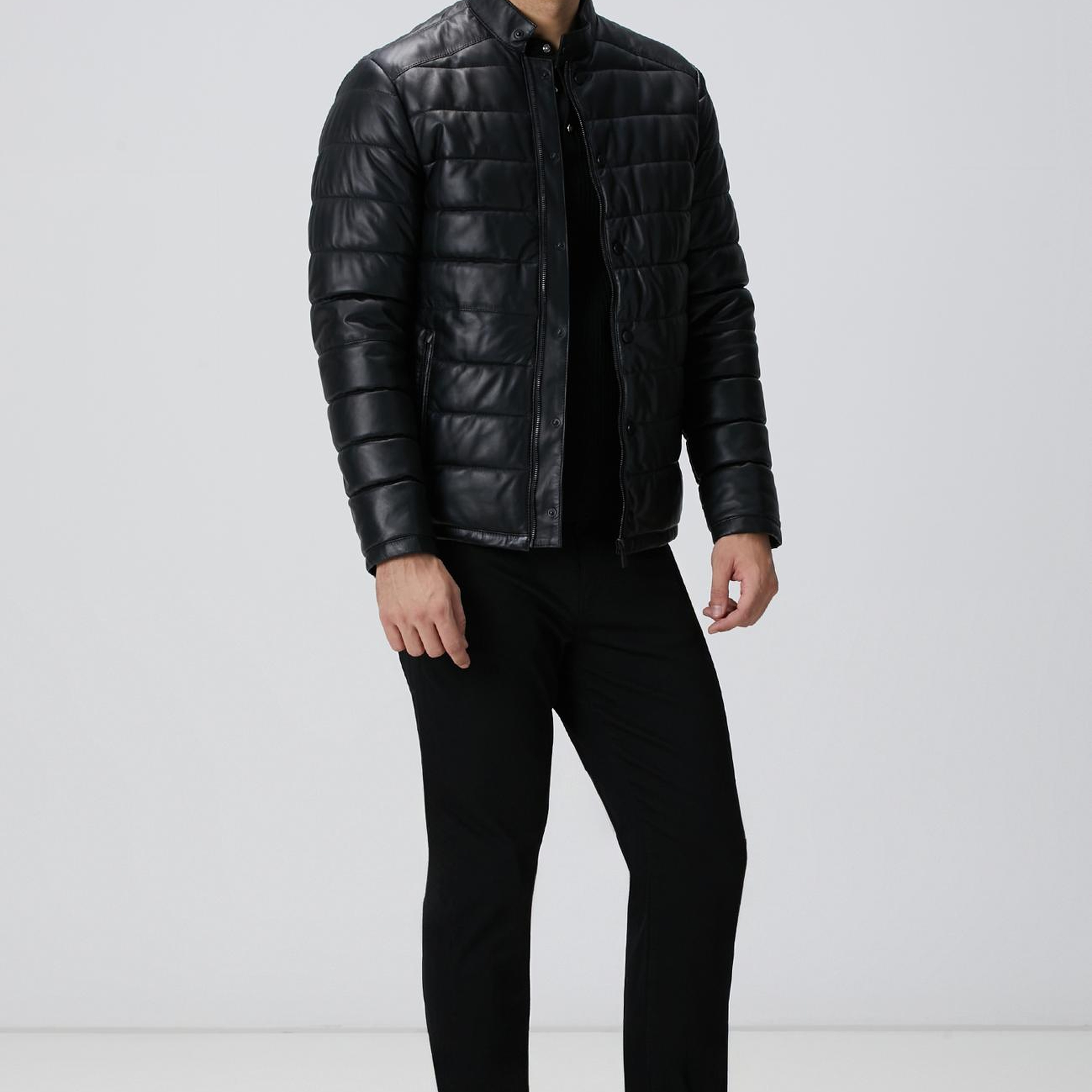 Network Erkek Siyah Kapitoneli Deri Mont