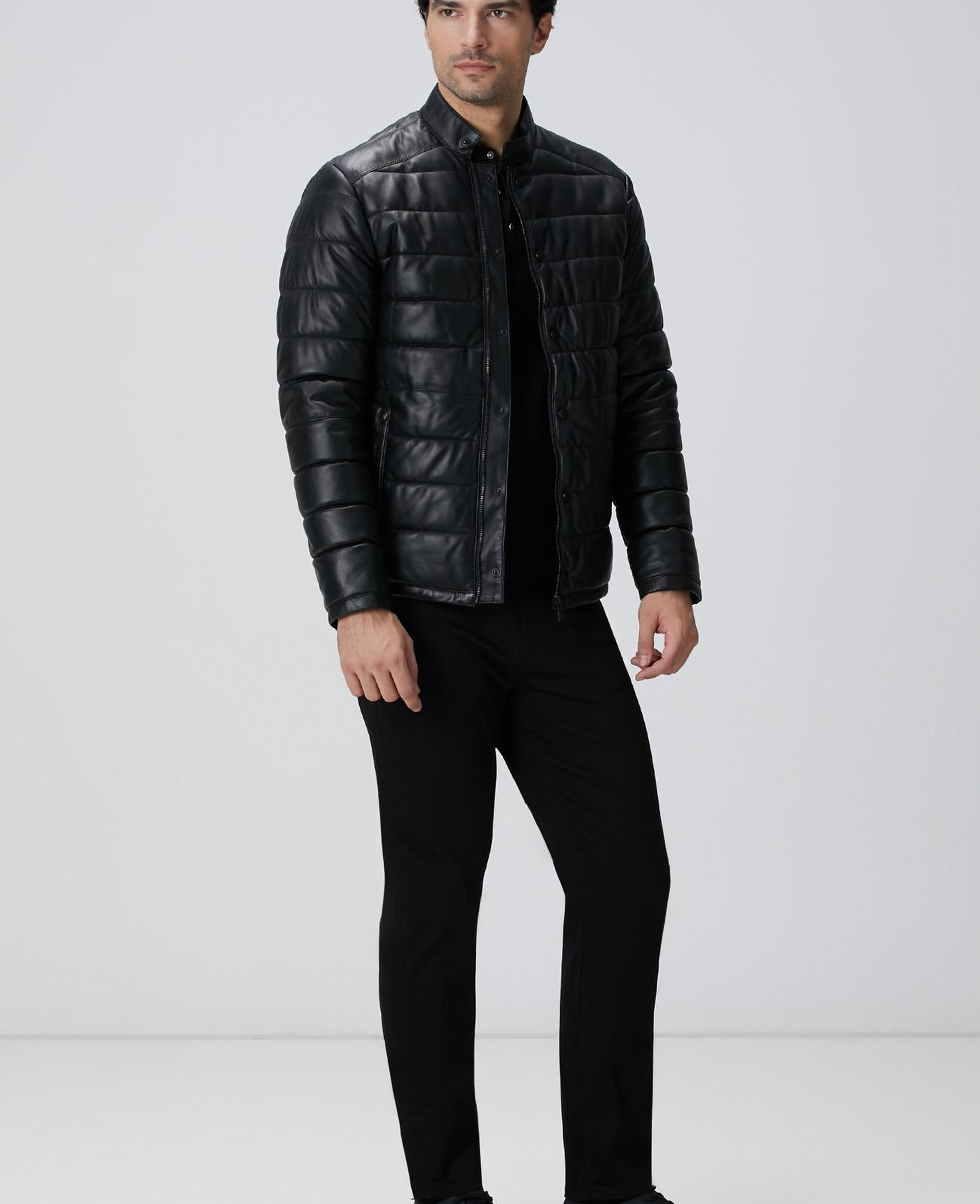 Network Erkek Siyah Kapitoneli Deri Mont