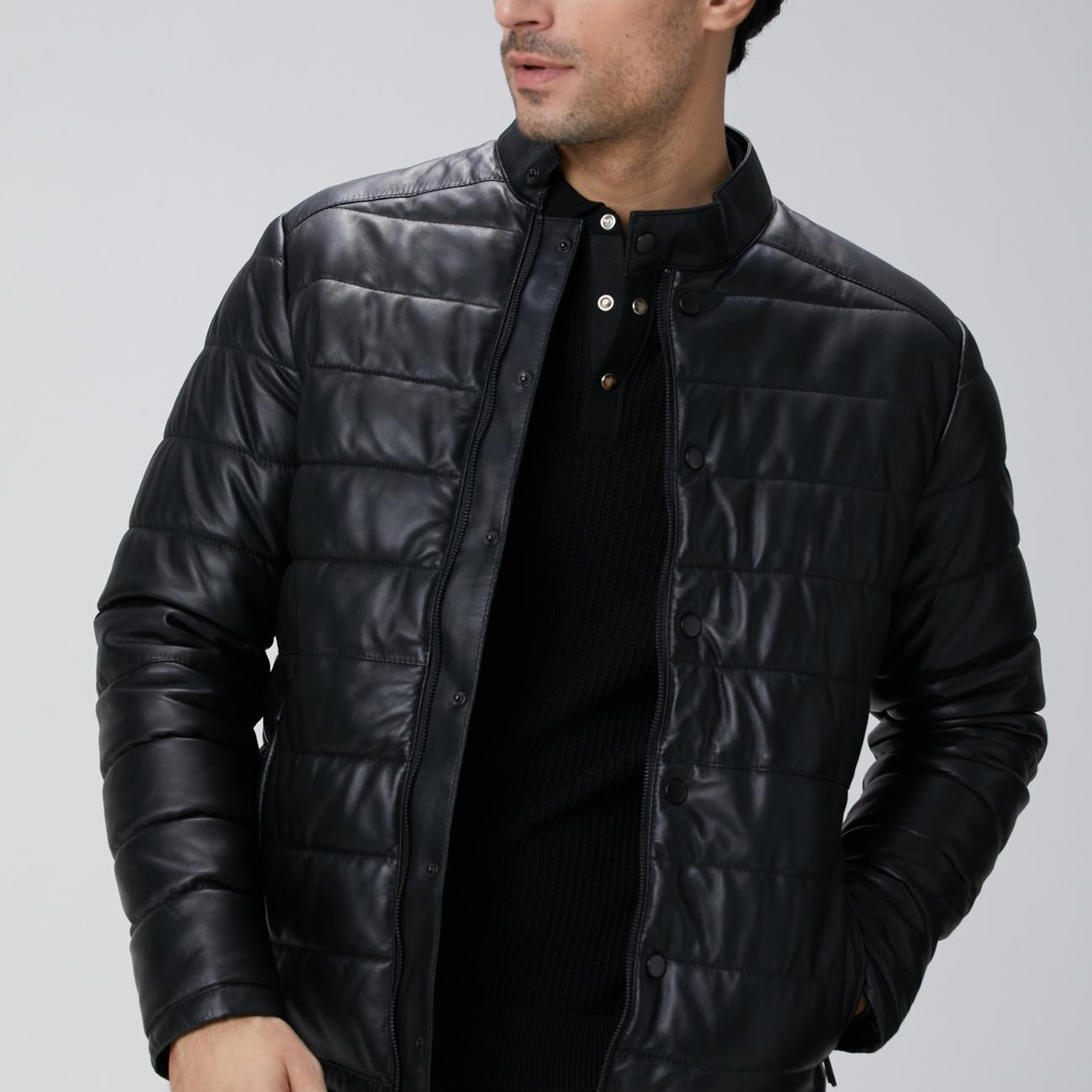 Network Erkek Siyah Kapitoneli Deri Mont