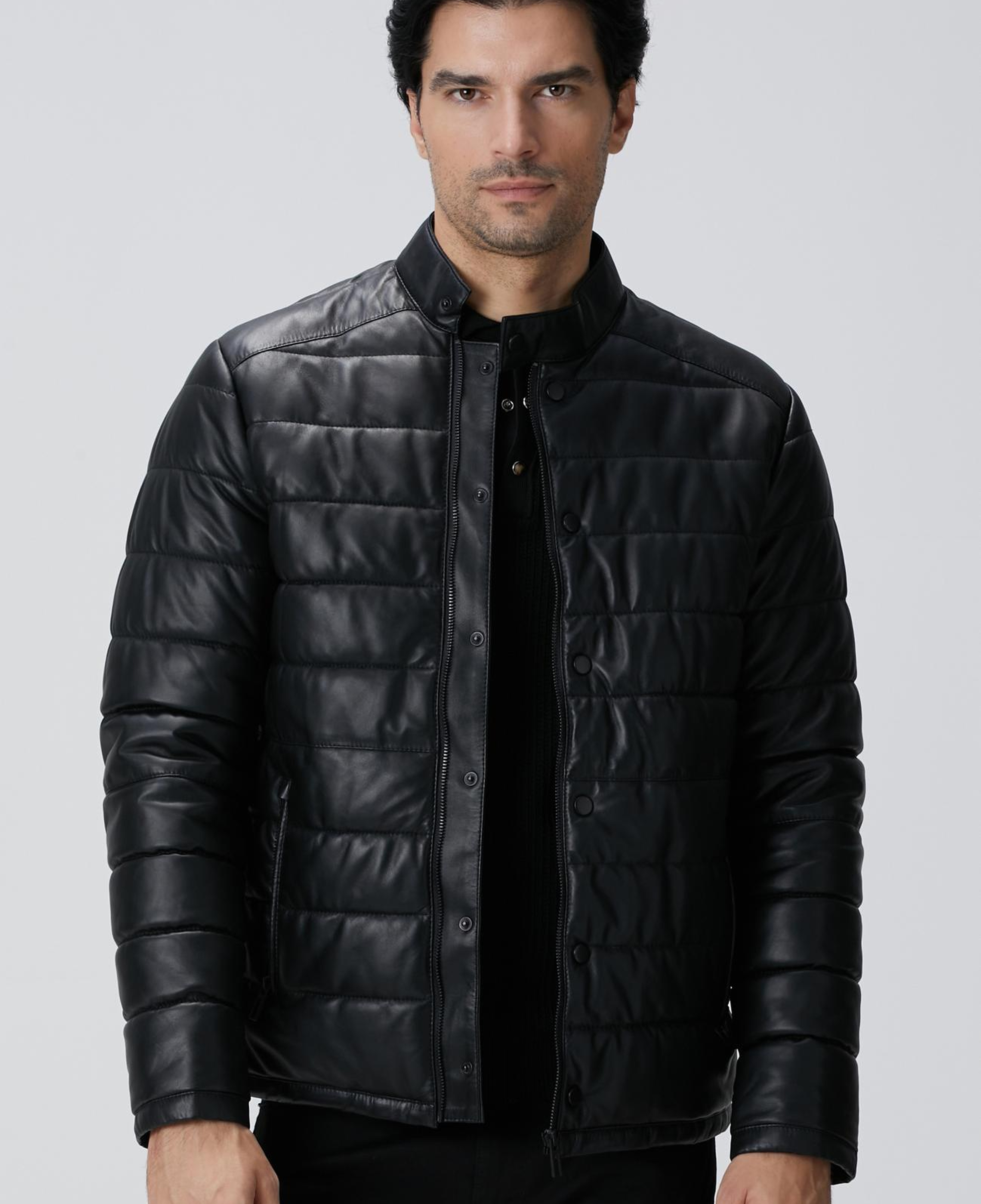 Network Erkek Siyah Kapitoneli Deri Mont