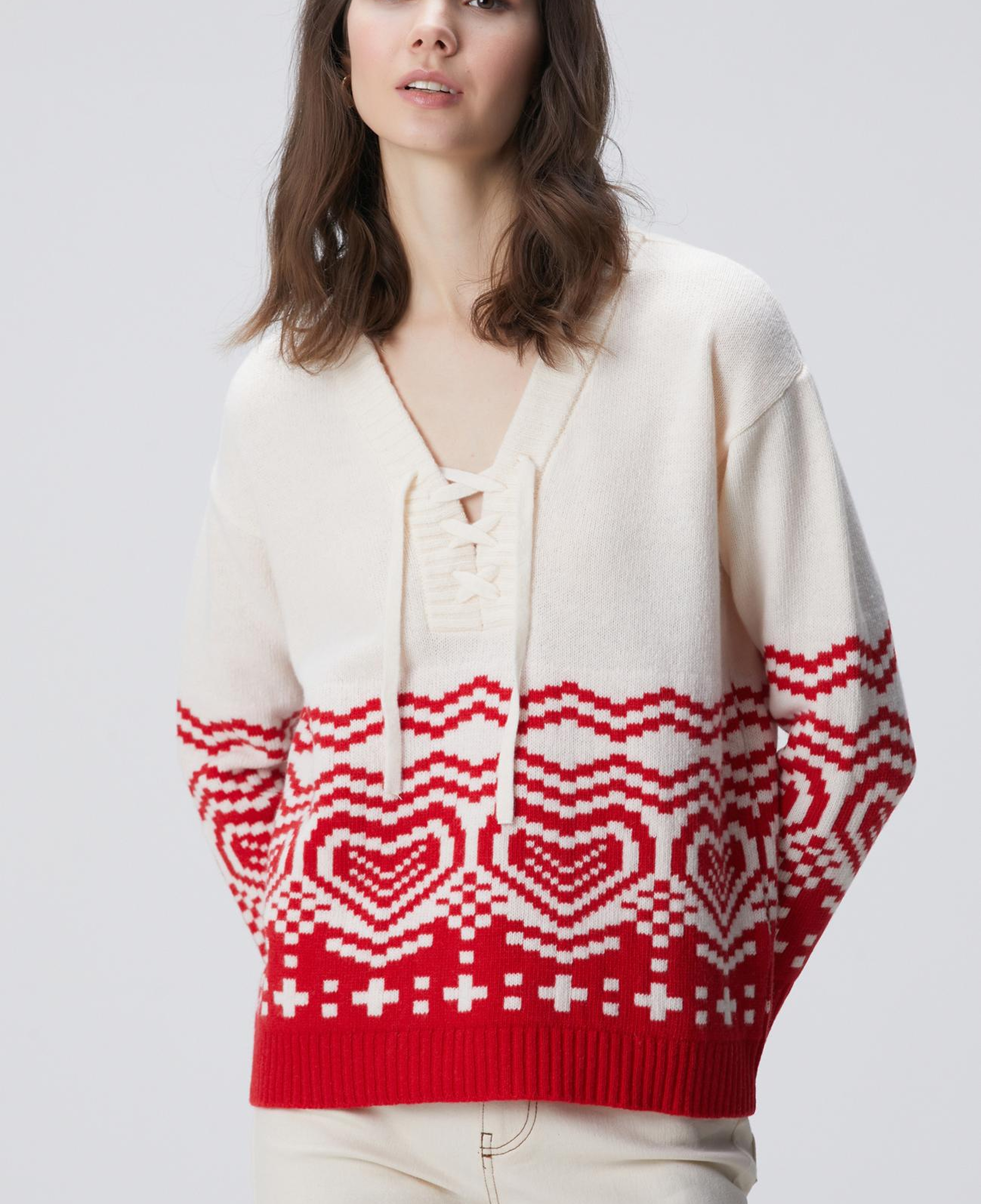 Network Kadın Kırık Beyaz Desenli Yün Karışımlı Triko Kazak