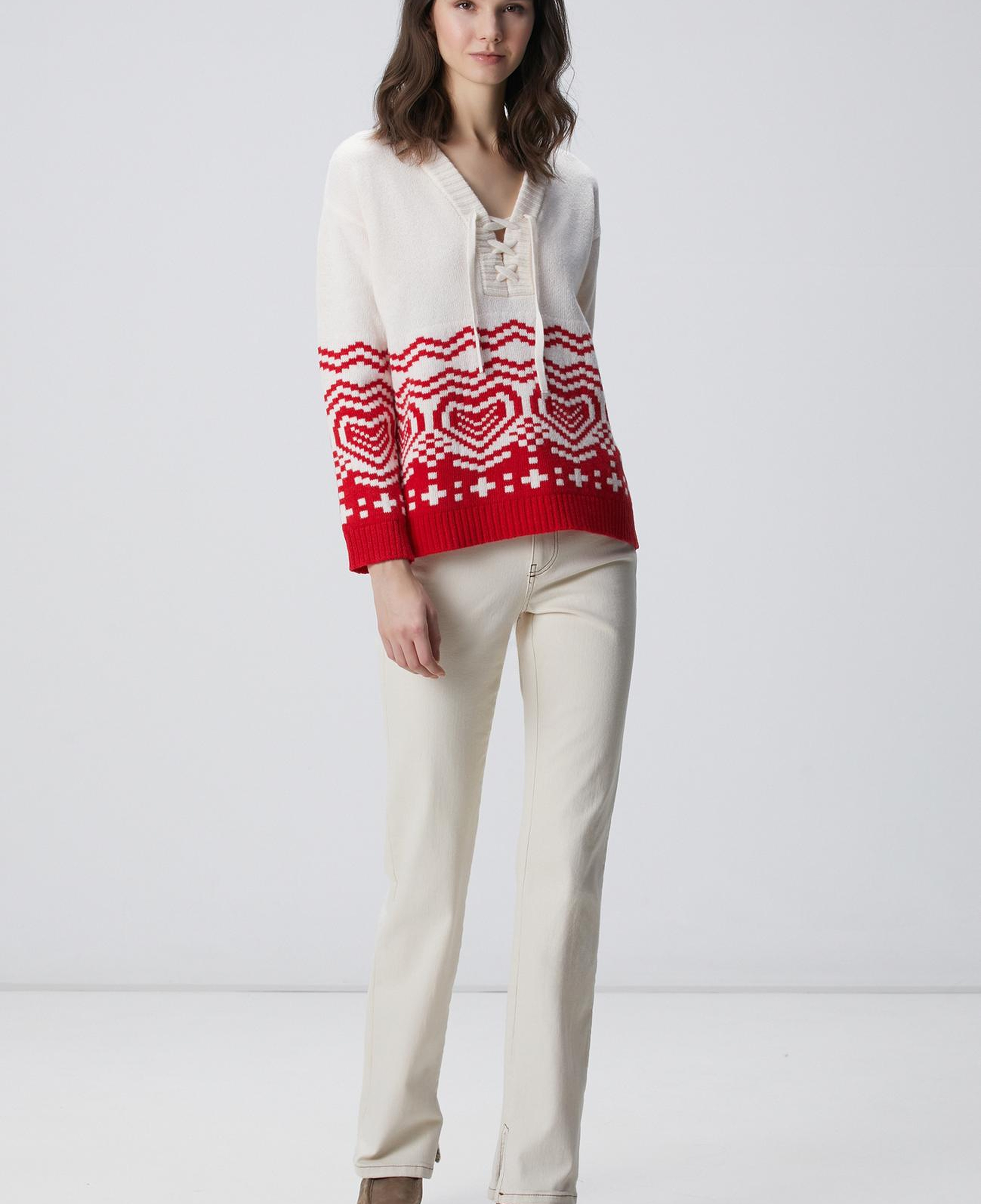 Network Kadın Kırık Beyaz Desenli Yün Karışımlı Triko Kazak