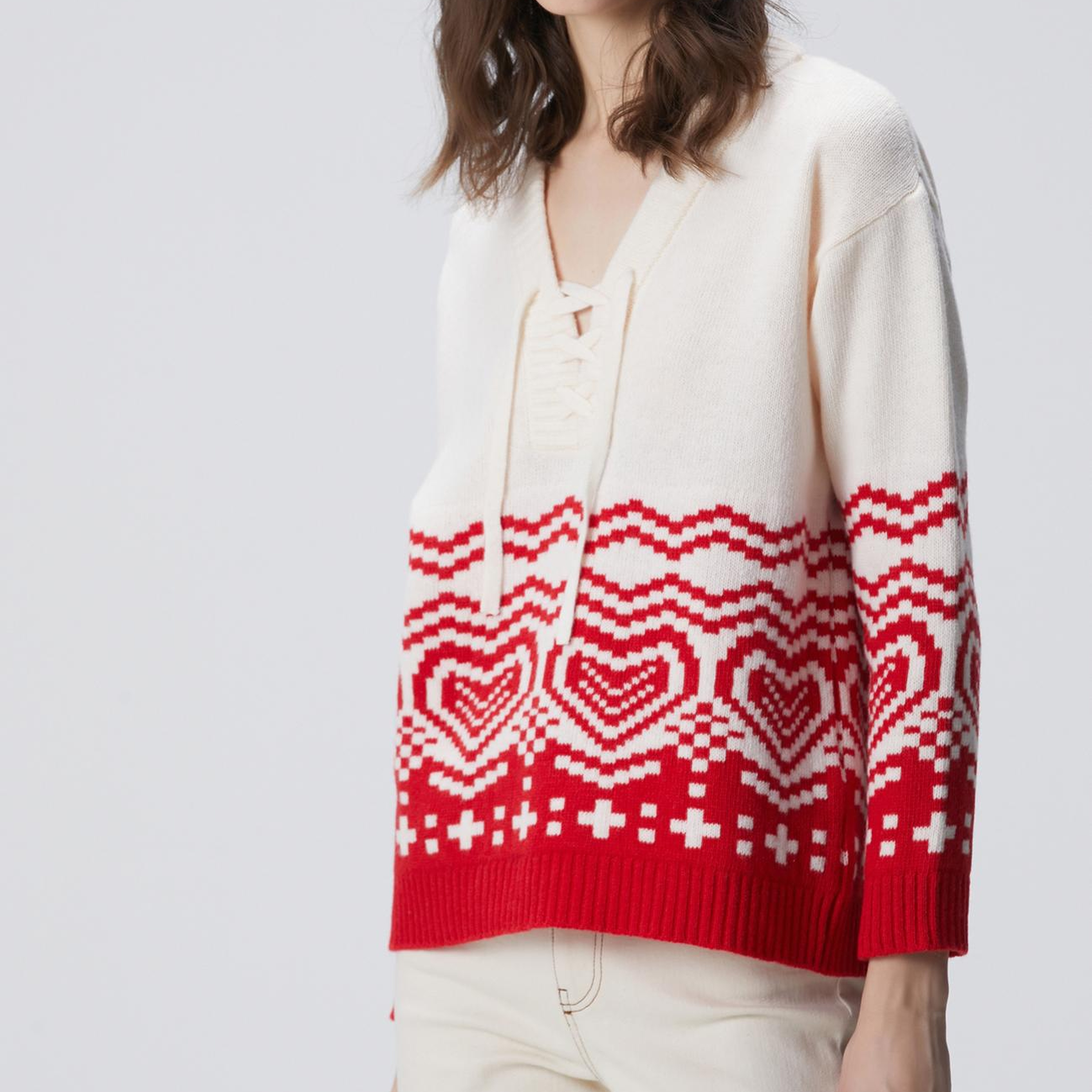 Network Kadın Kırık Beyaz Desenli Yün Karışımlı Triko Kazak