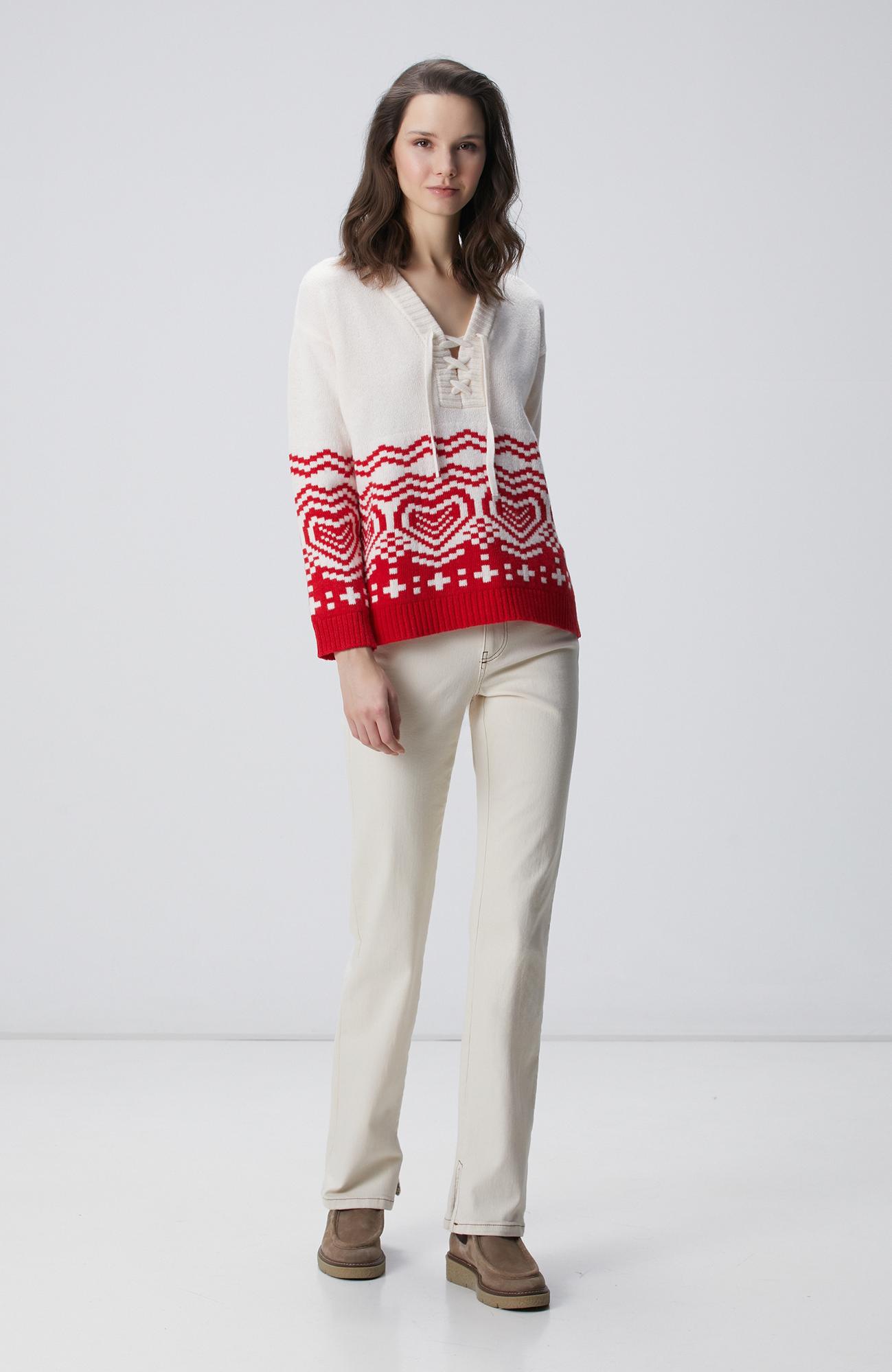 Network Kadın Kırık Beyaz Desenli Yün Karışımlı Triko Kazak