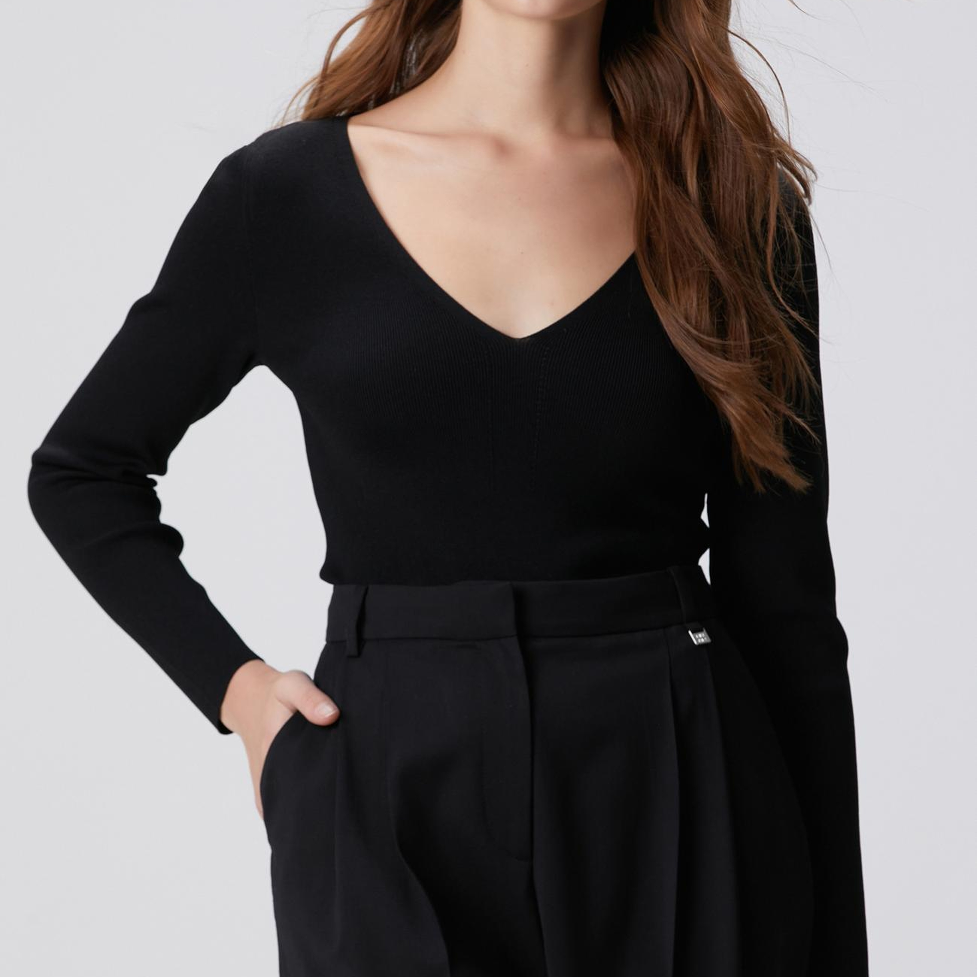 Network Kadın Siyah V Yaka Basic Kazak