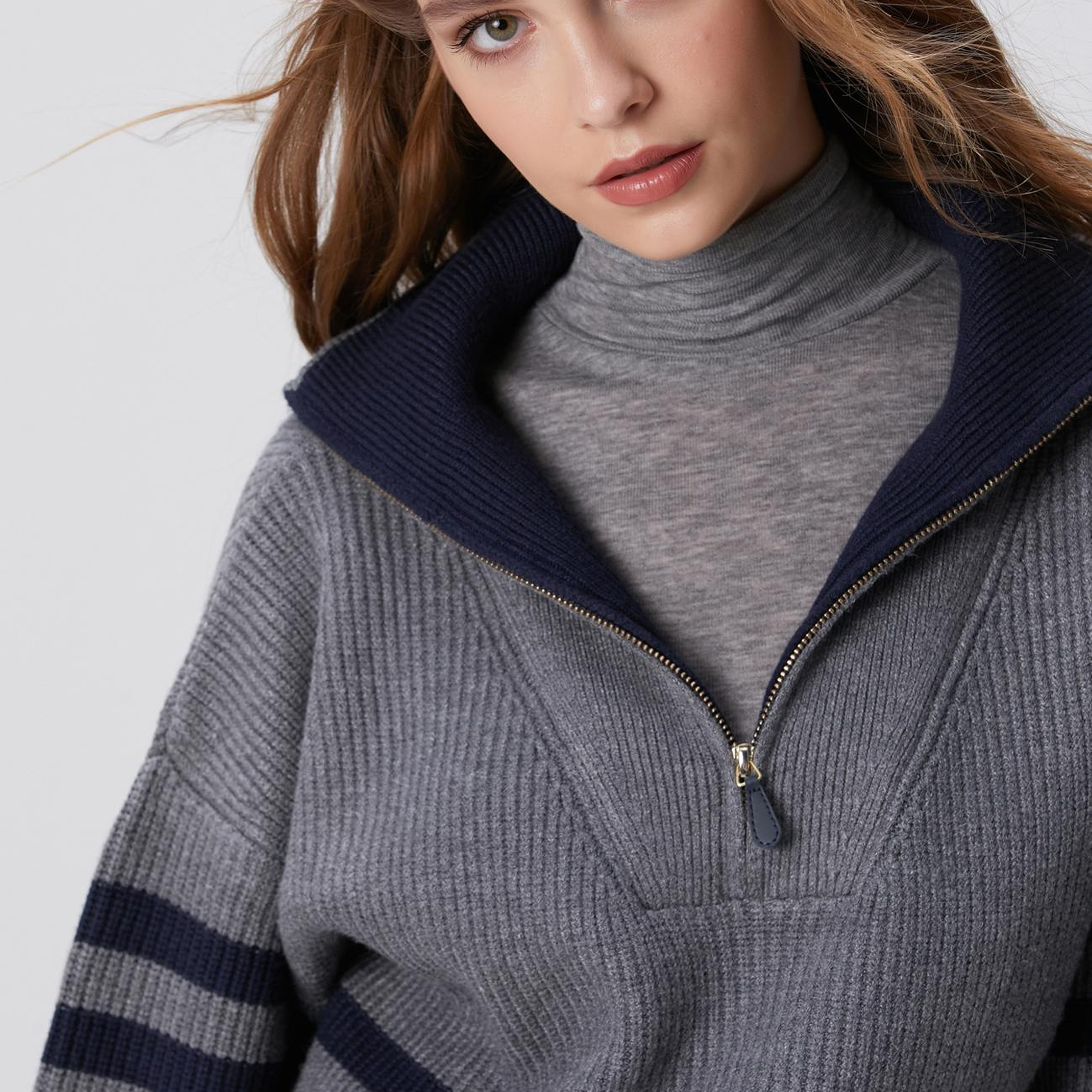 Network Kadın Gri Melanj Lacivert Çizgili Kazak