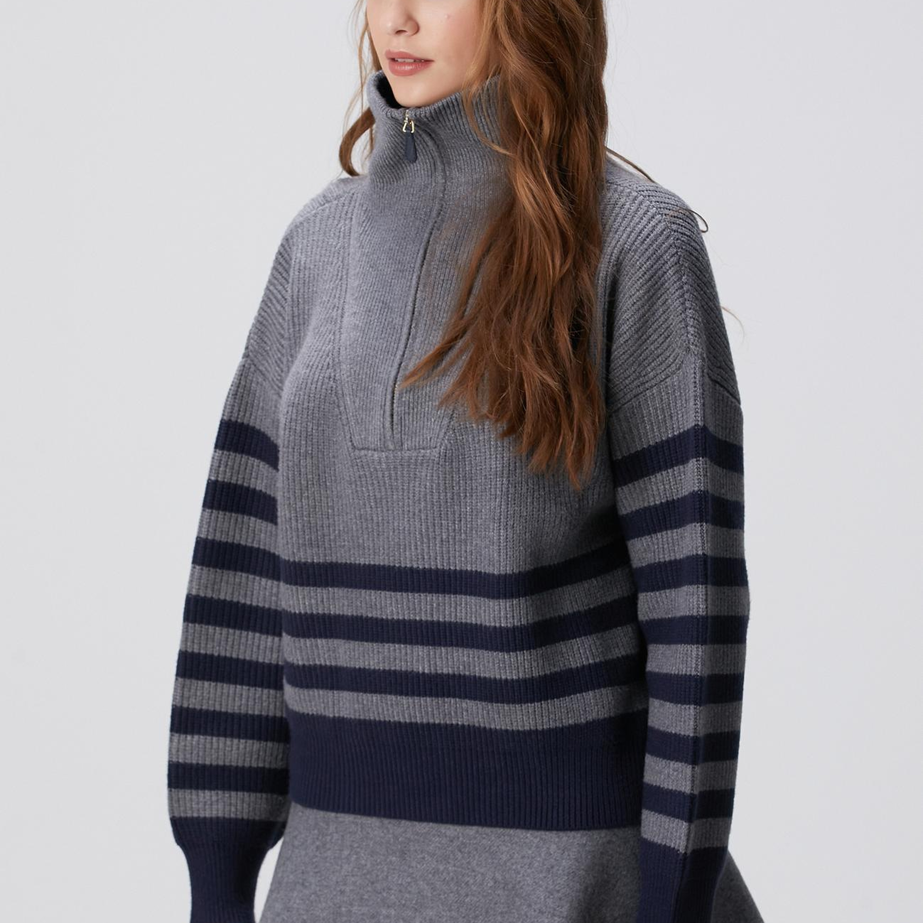 Network Kadın Gri Melanj Lacivert Çizgili Kazak