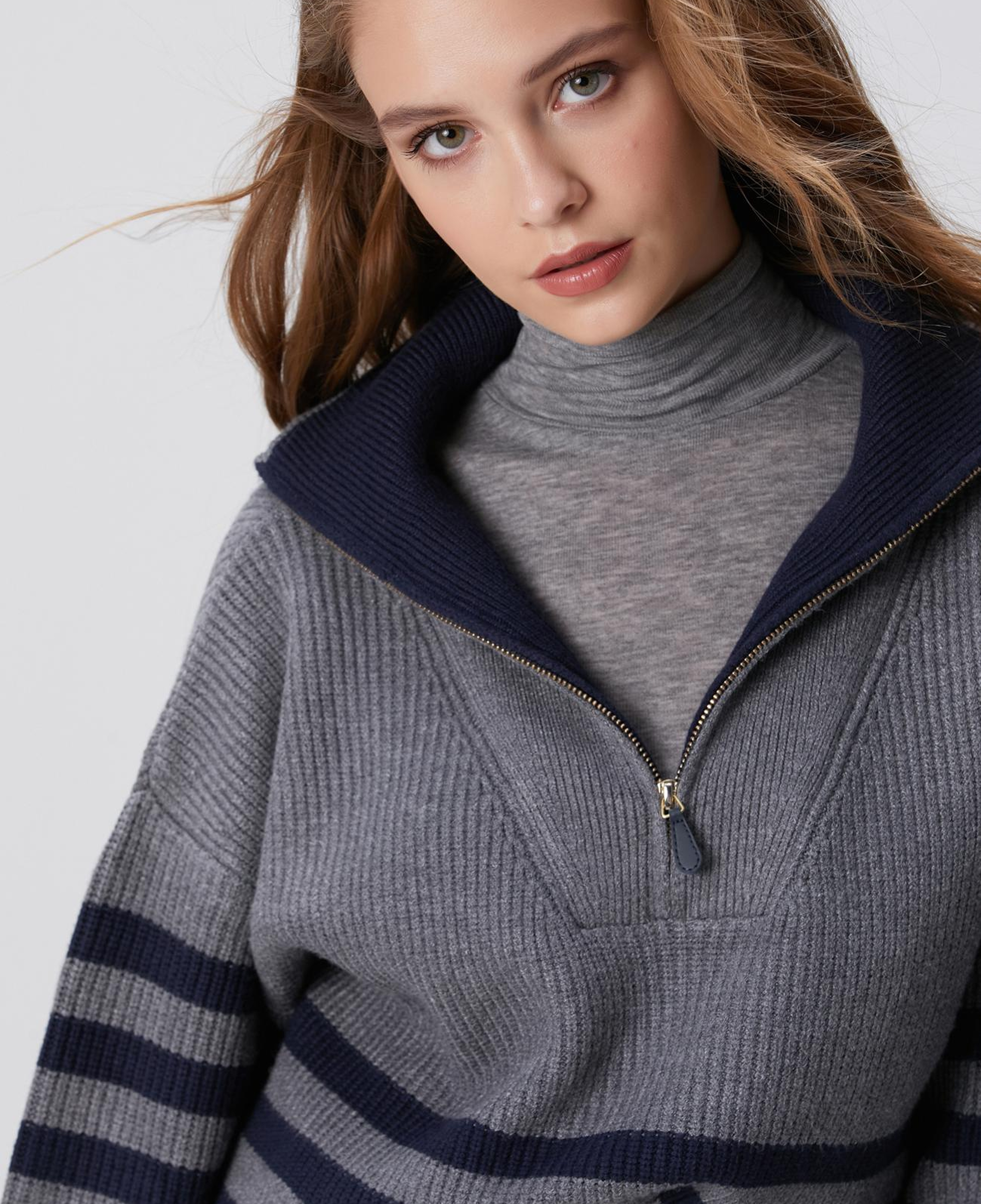 Network Kadın Gri Melanj Lacivert Çizgili Kazak