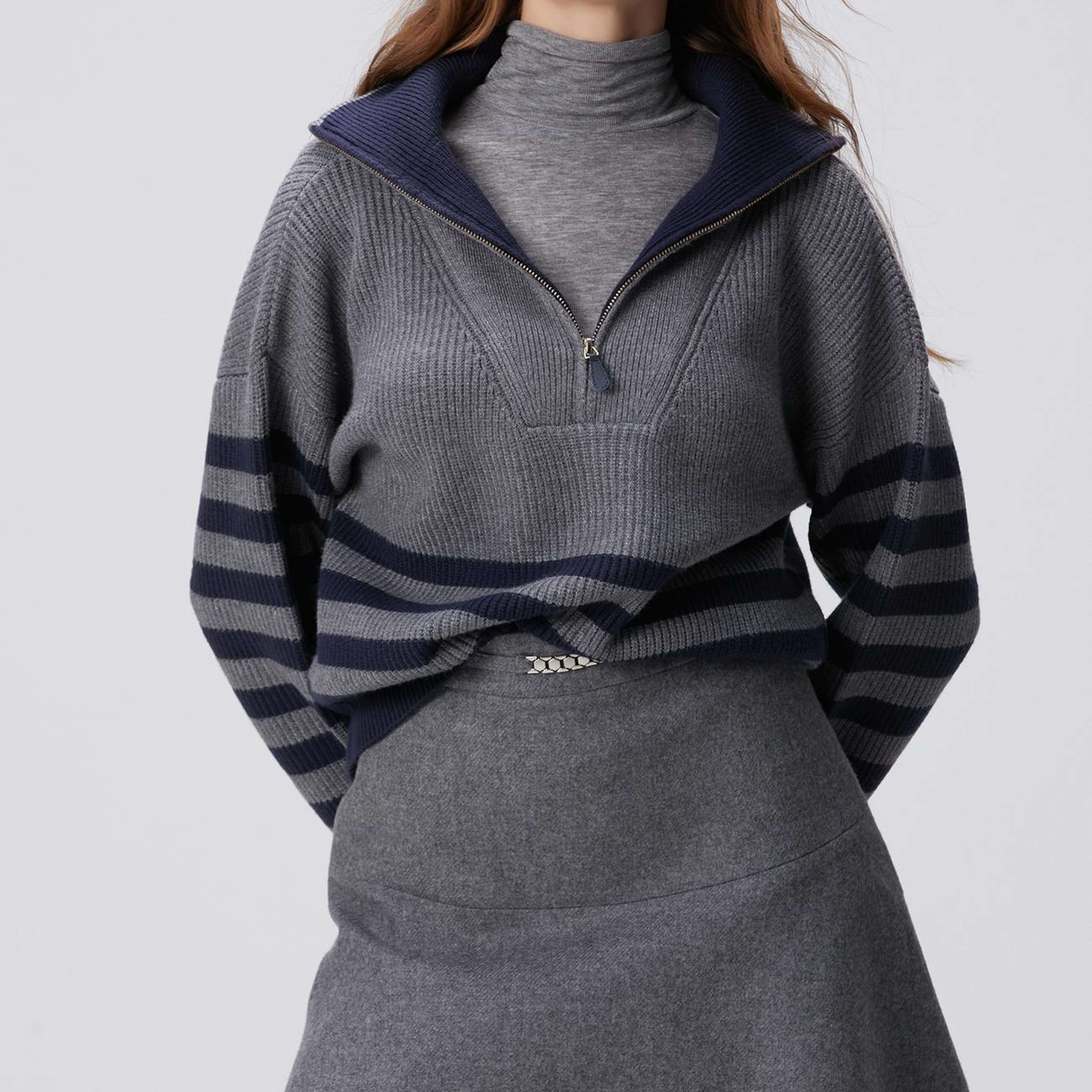 Network Kadın Gri Melanj Lacivert Çizgili Kazak